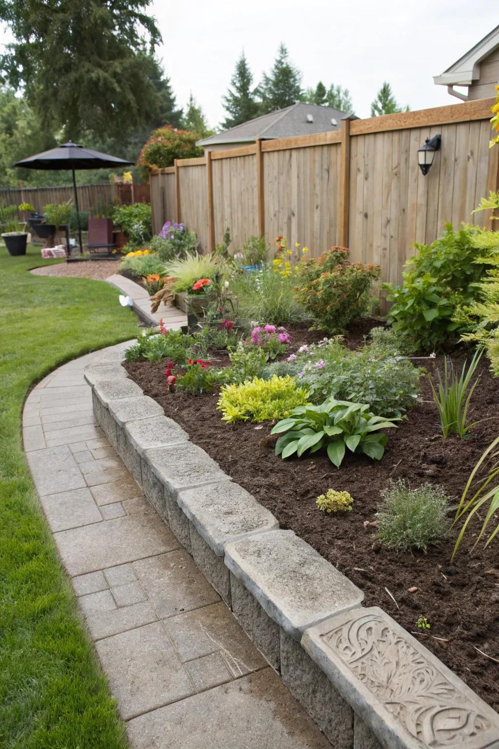 Backyard with functional raised stamped concrete border