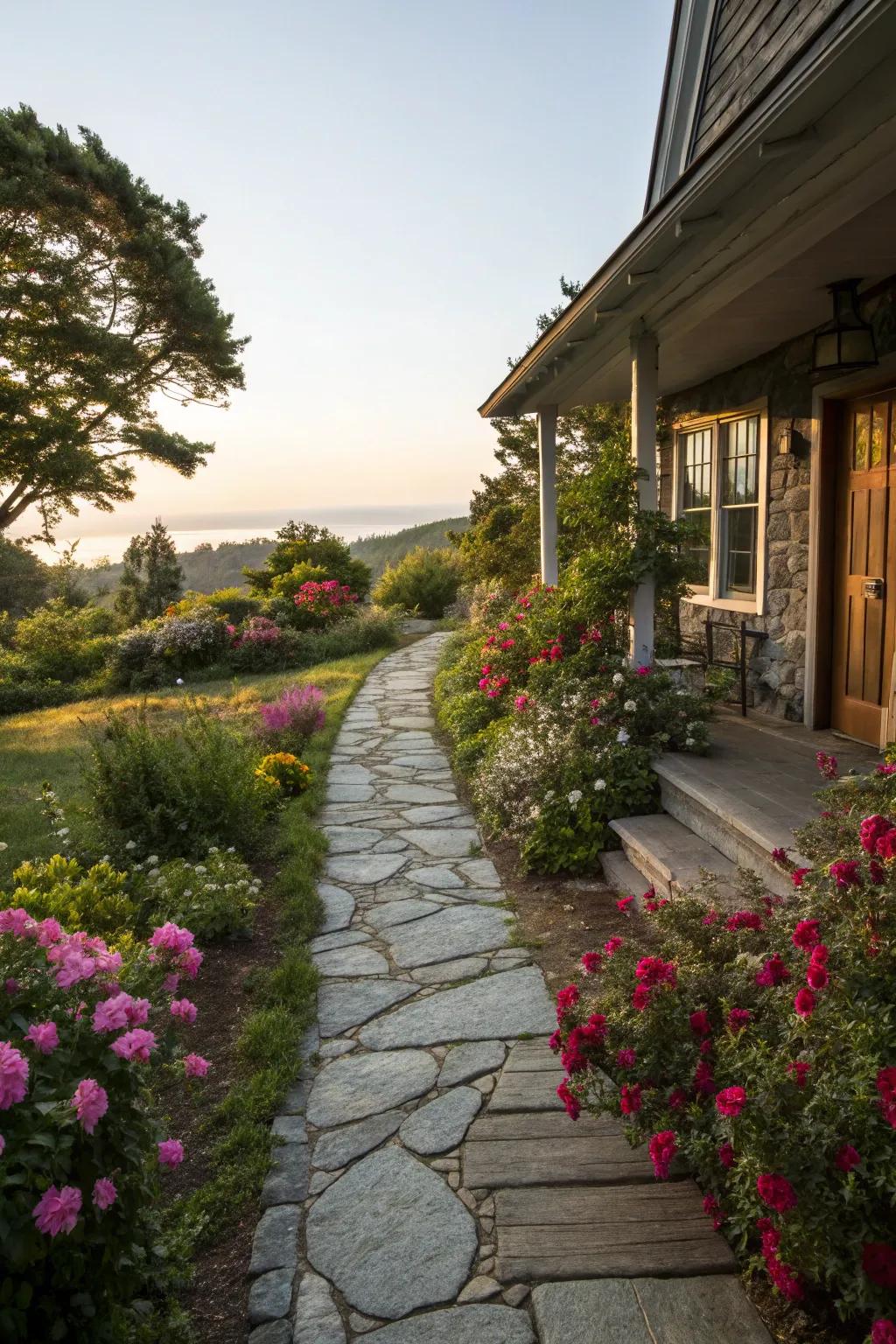 A stone pathway invites guests with natural beauty.