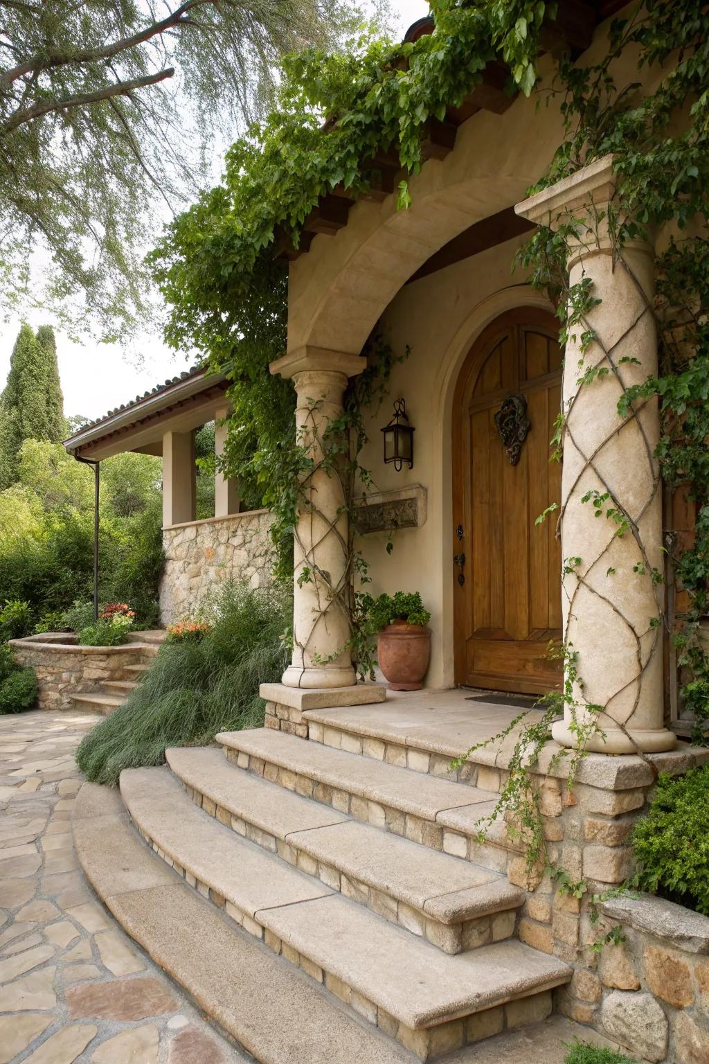 Natural stone embellishments enhance the elegance of this stucco porch.
