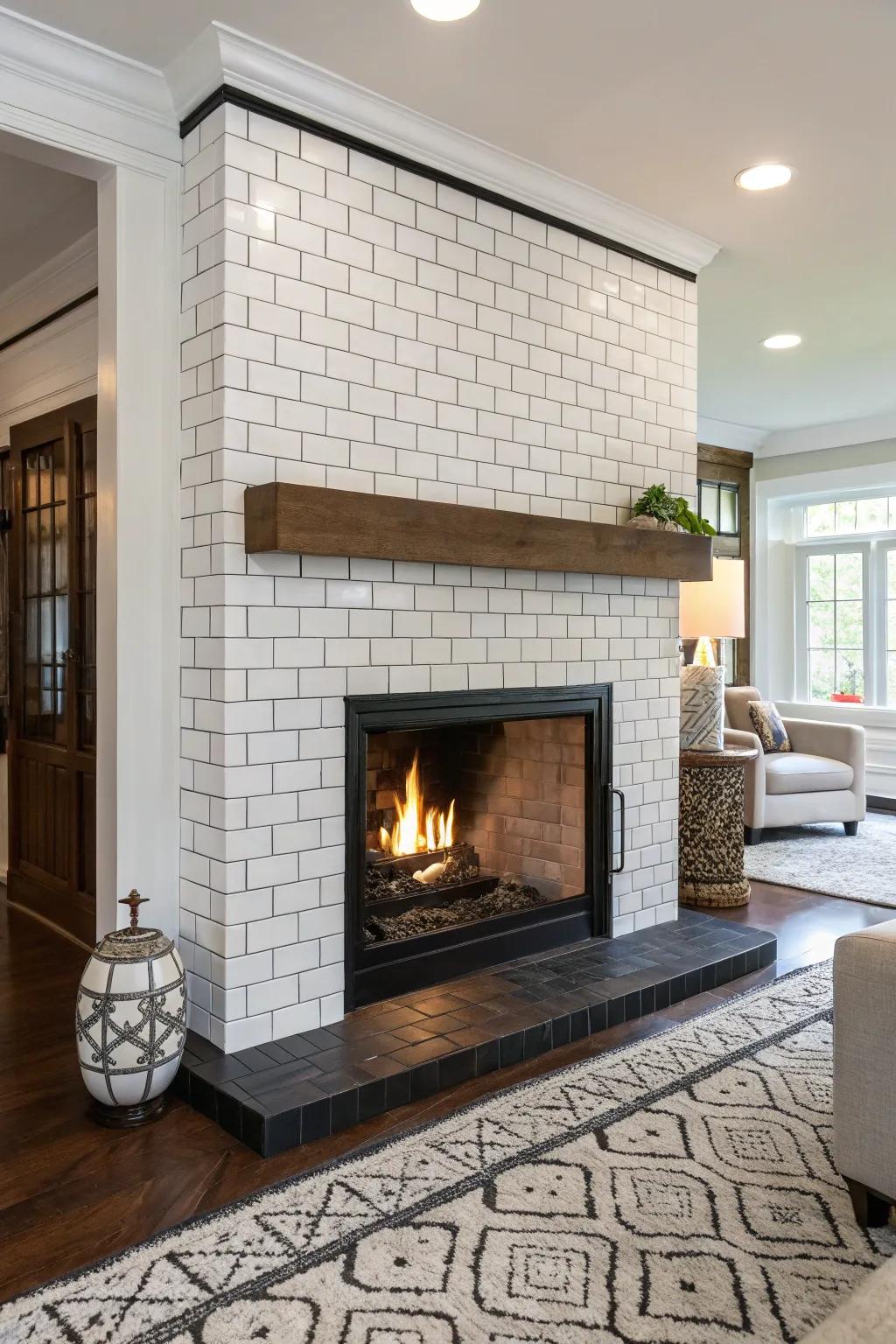 Contrasting grout accentuates the geometric elegance of strip tiles.
