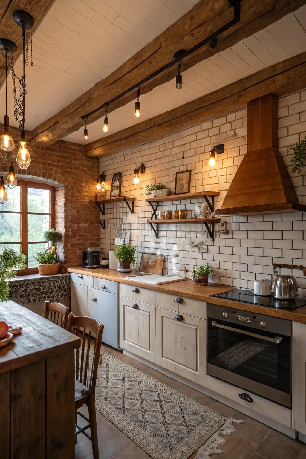 A sense of coziness and rustic allure is introduced into this kitchen via stone-patterned claddings.