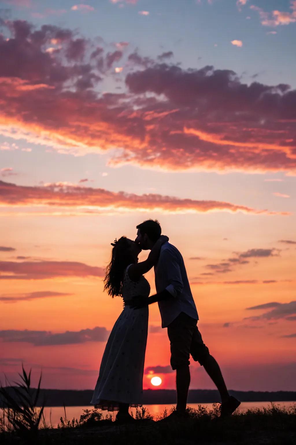 A couple outlined against a vibrant sundown horizon.