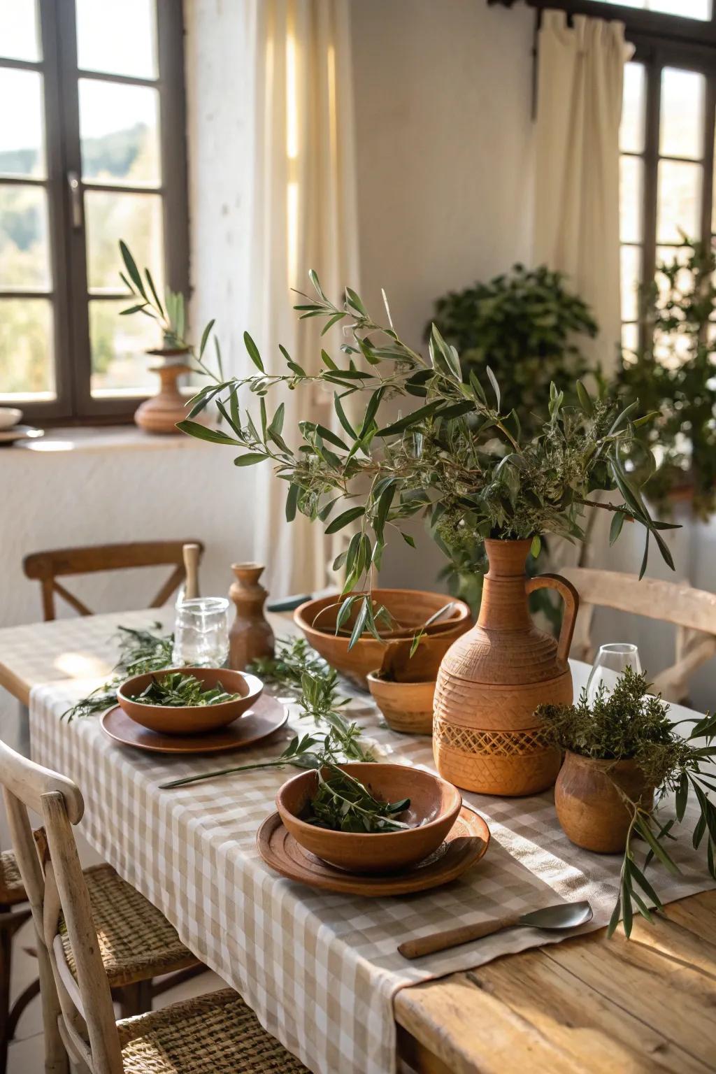 A Mediterranean-themed table arrangement showcasing natural components.