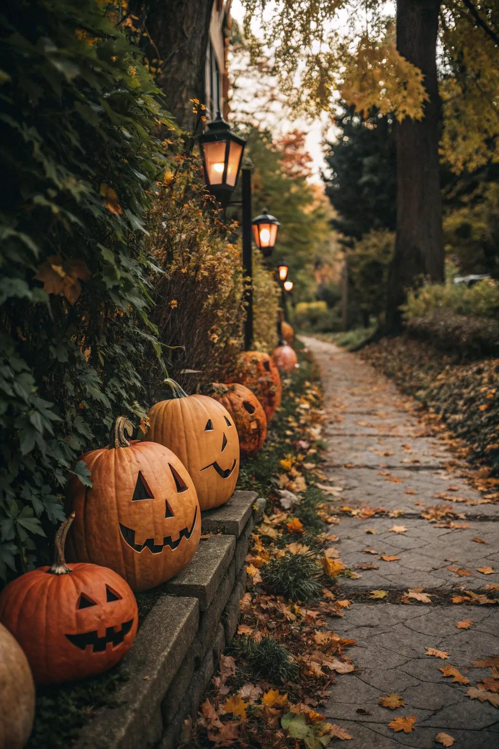 Line your walkway with a village of tall pumpkins for an inviting autumn atmosphere.