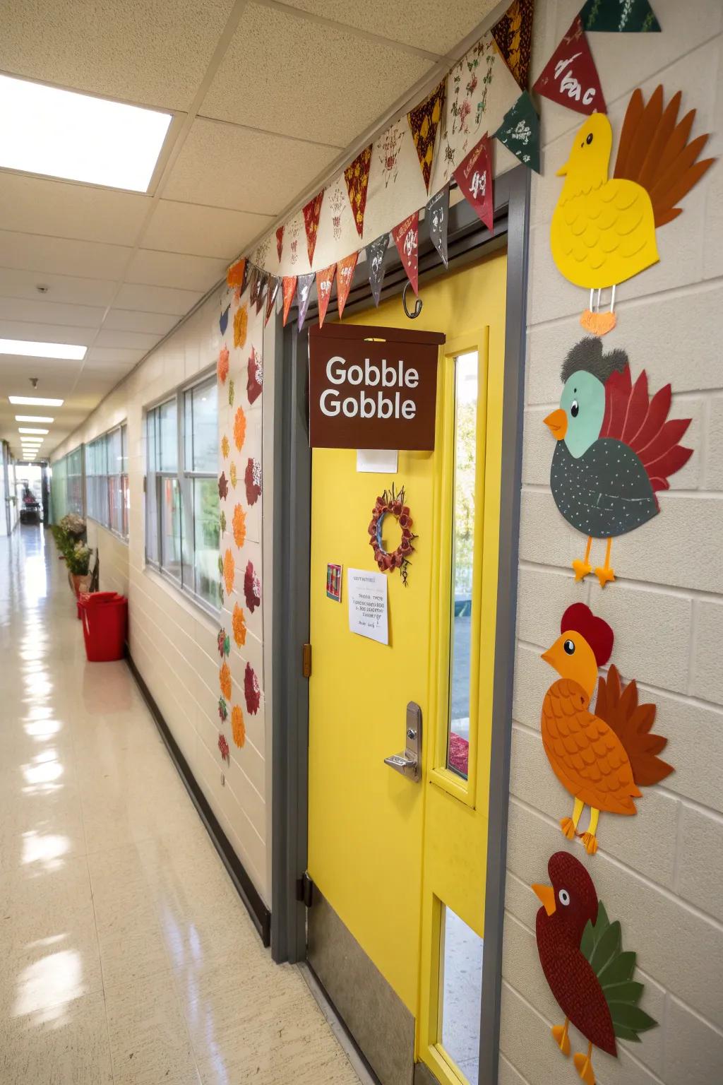 A whimsical Gobble Gobble door display, adorned with playful turkeys.