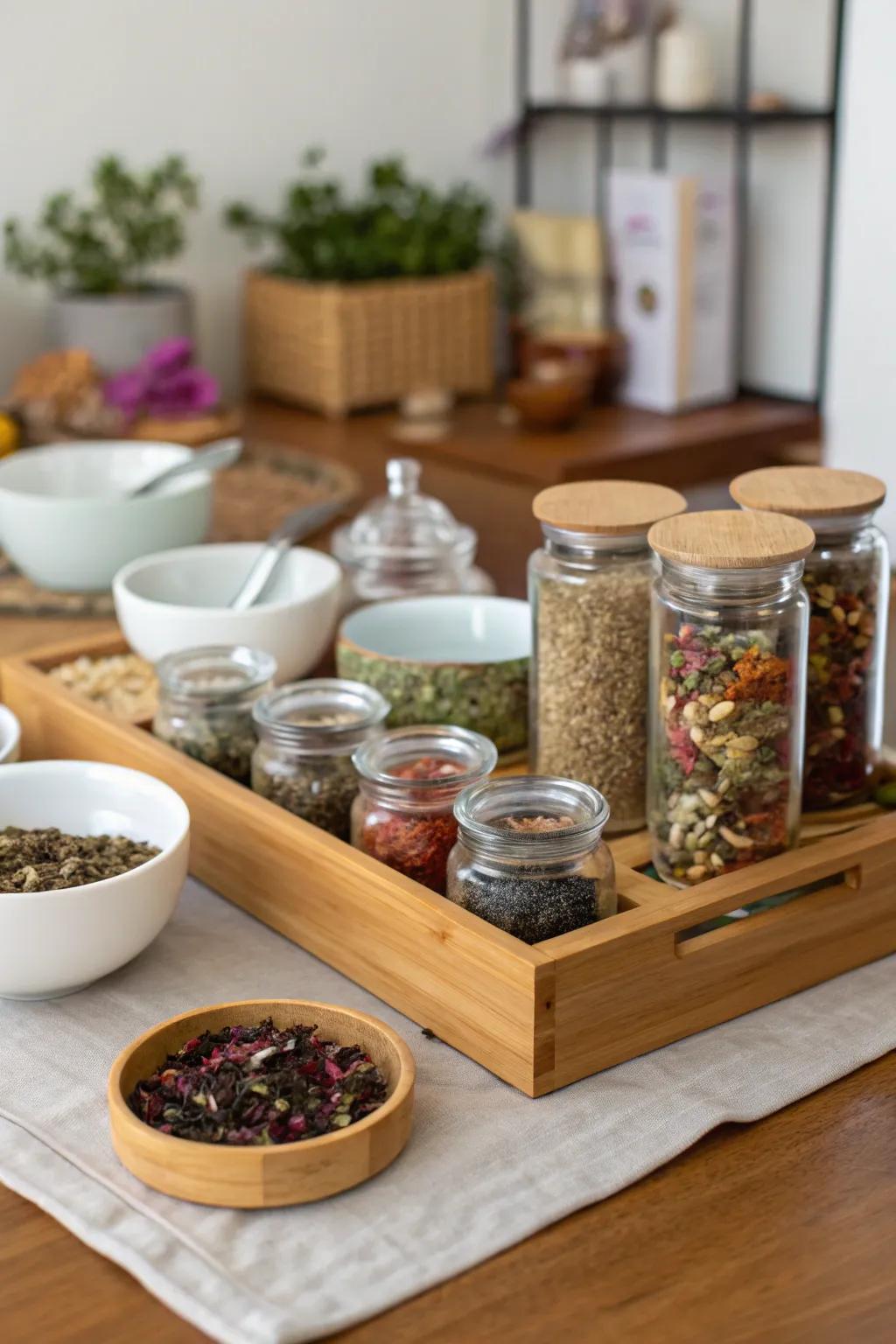 A DIY tea blending station for guests to create their own tea blends.