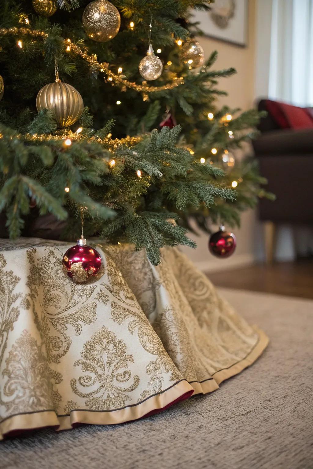 Brocade fabric elevates the tree's base.