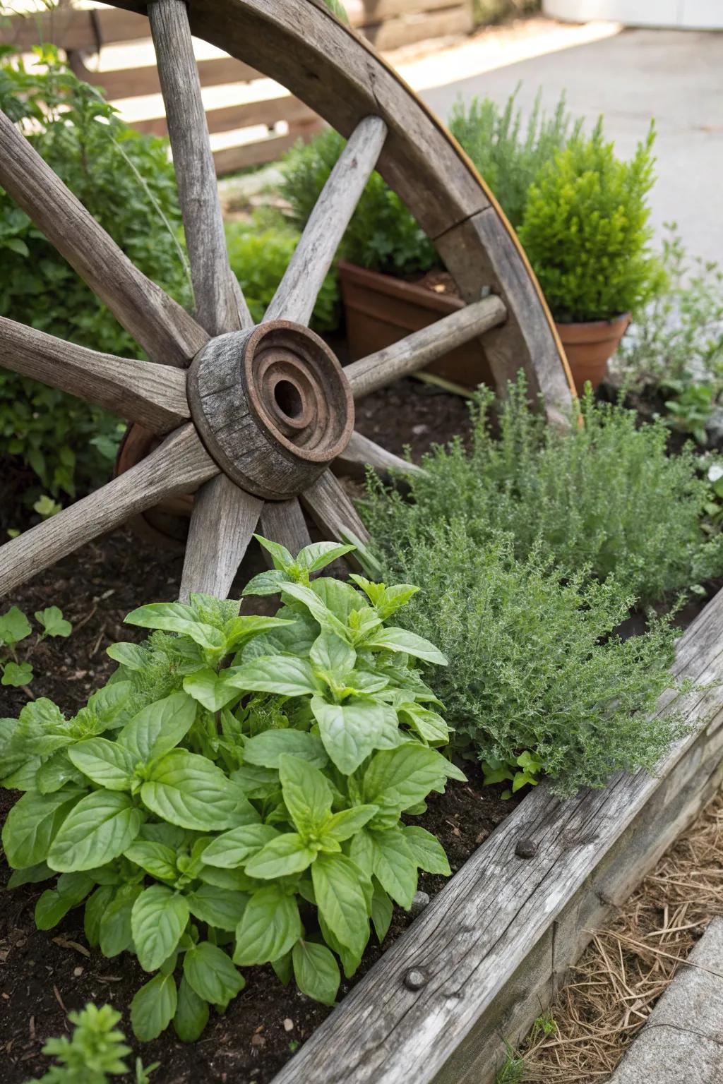 A cartwheel arranging an herb patch into orderly sections for effortless access.
