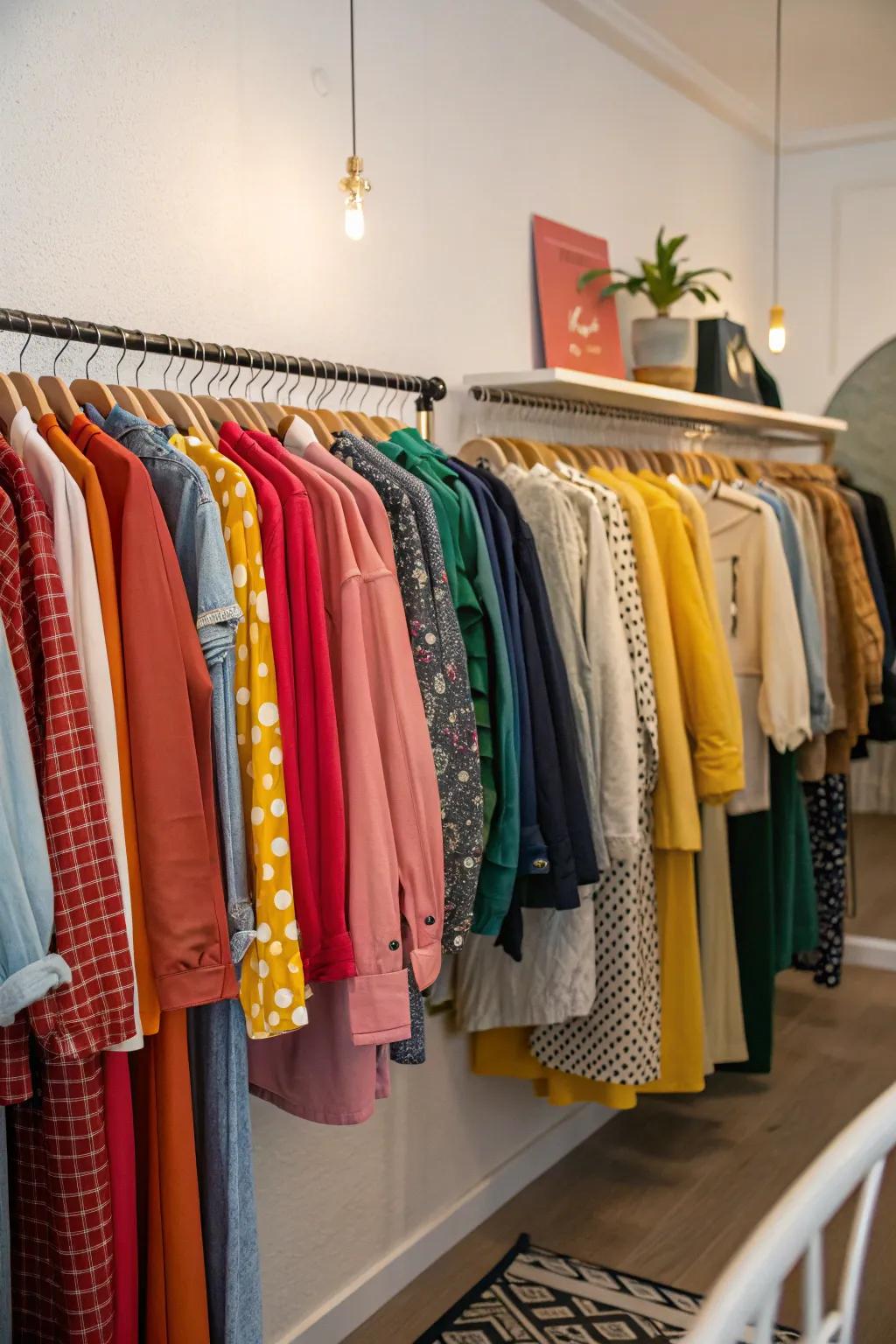 A wall-mounted clothing rack with a neat and colorful display.