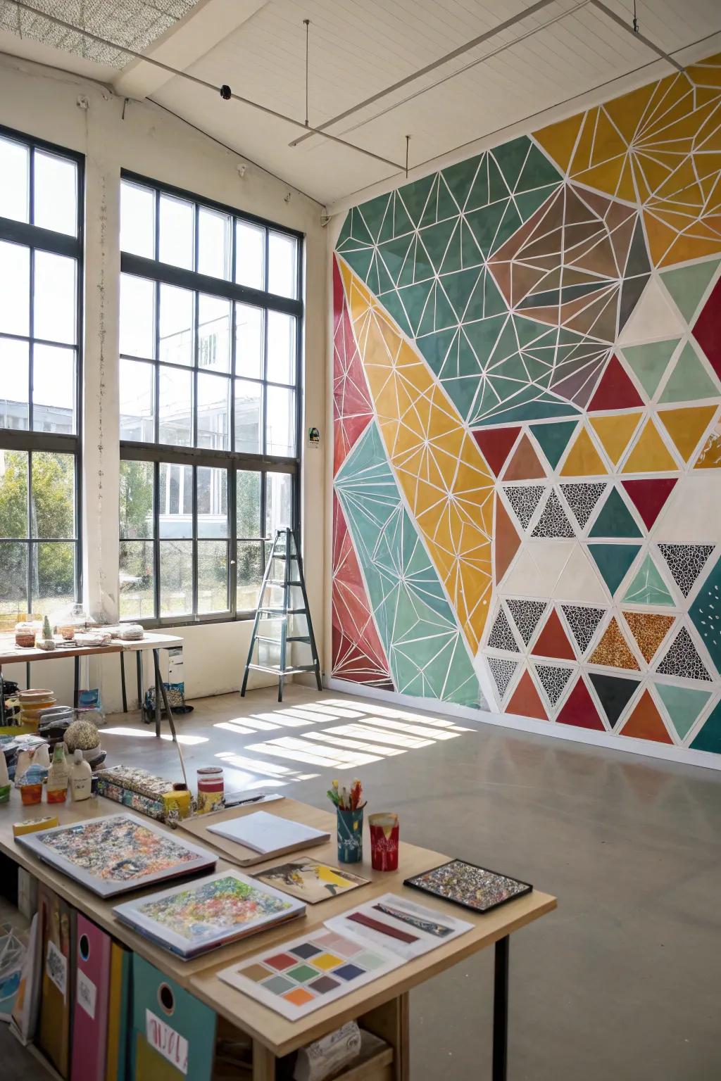 Make a bold statement with a geometric mural in your creative space.