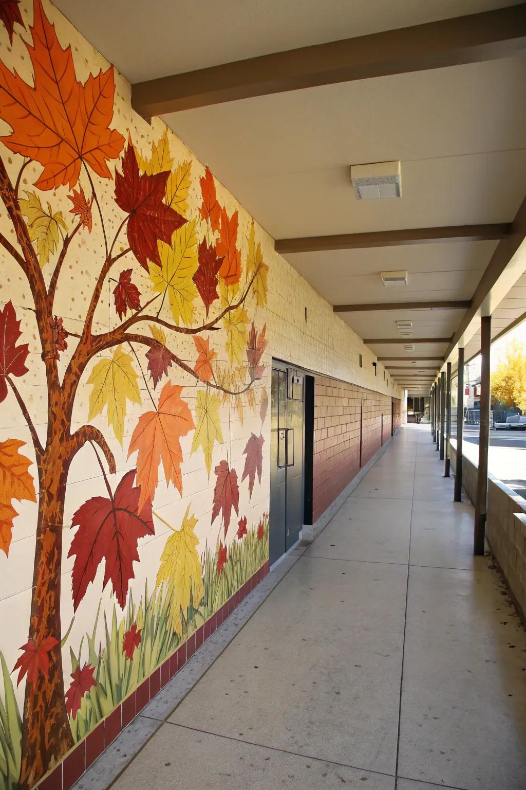 Seasonal murals ensure the school corridor remains lively and in sync with the time of year.