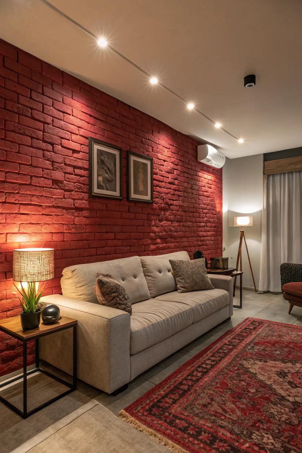 Faux brick walls offer urban charm with easy installation.