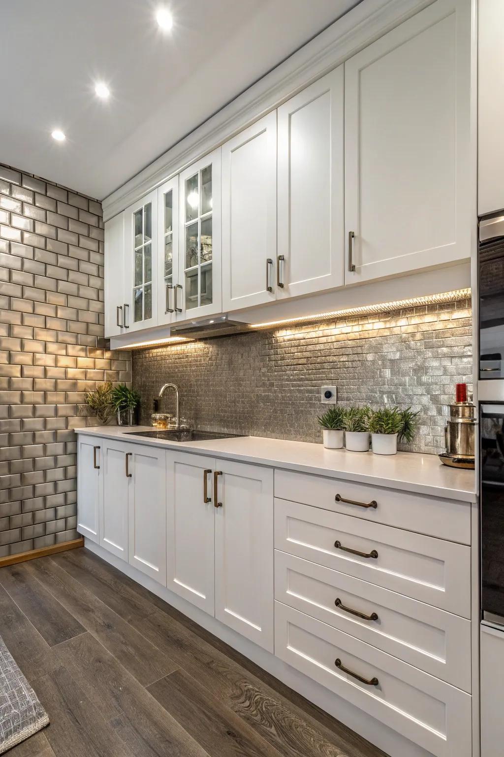 Shimmering tiles imbuing a modern edge to complement white cabinets.