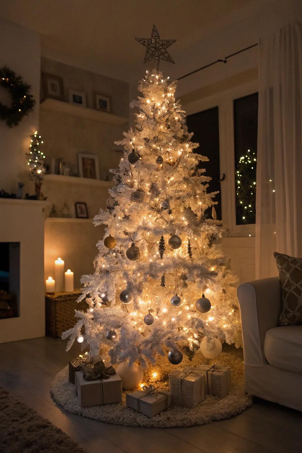 Shimmer and shine with glittery decorations on a white tree.