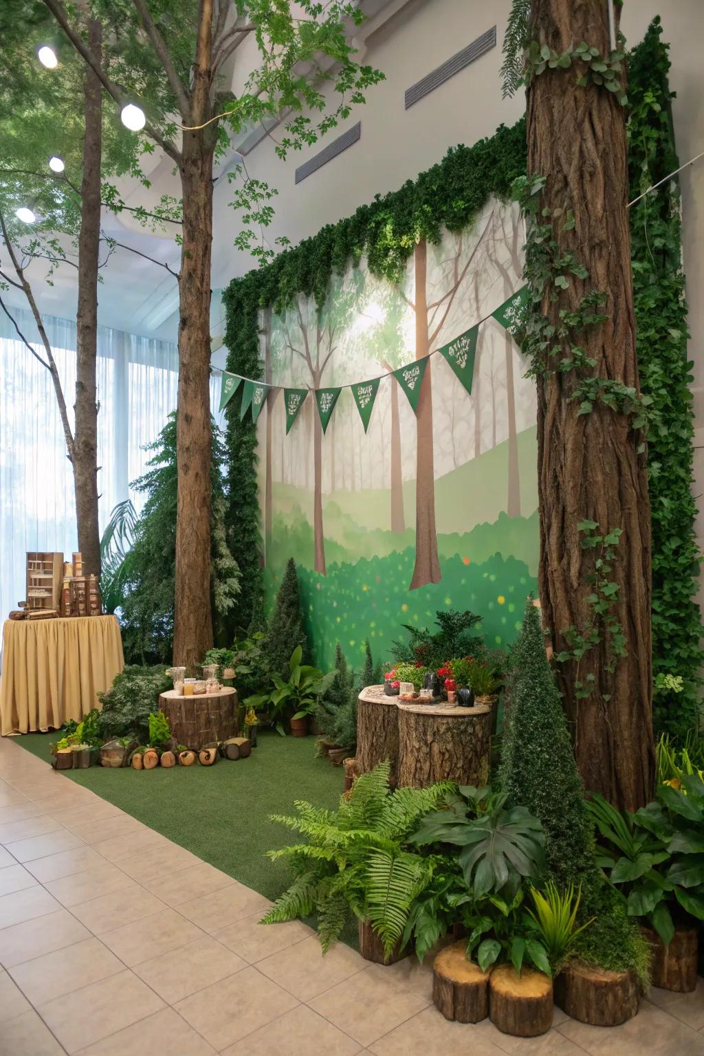 Capture memories utilizing a forest-themed photo backdrop.