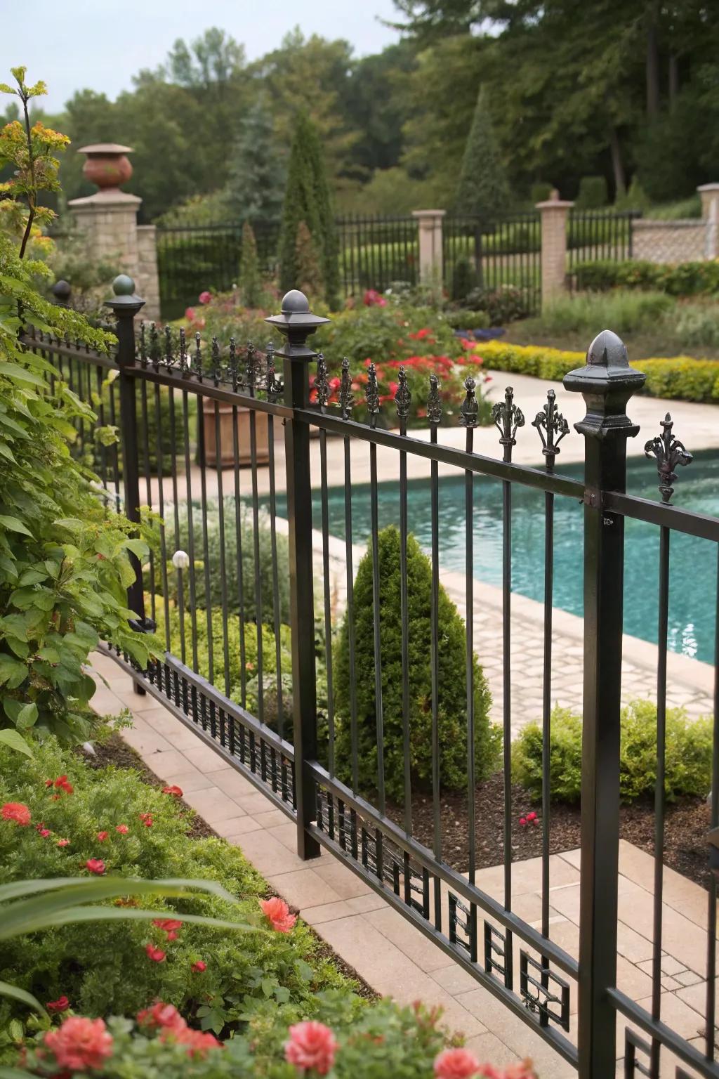 Height variations in the metal barrier add dimension to this pool area.