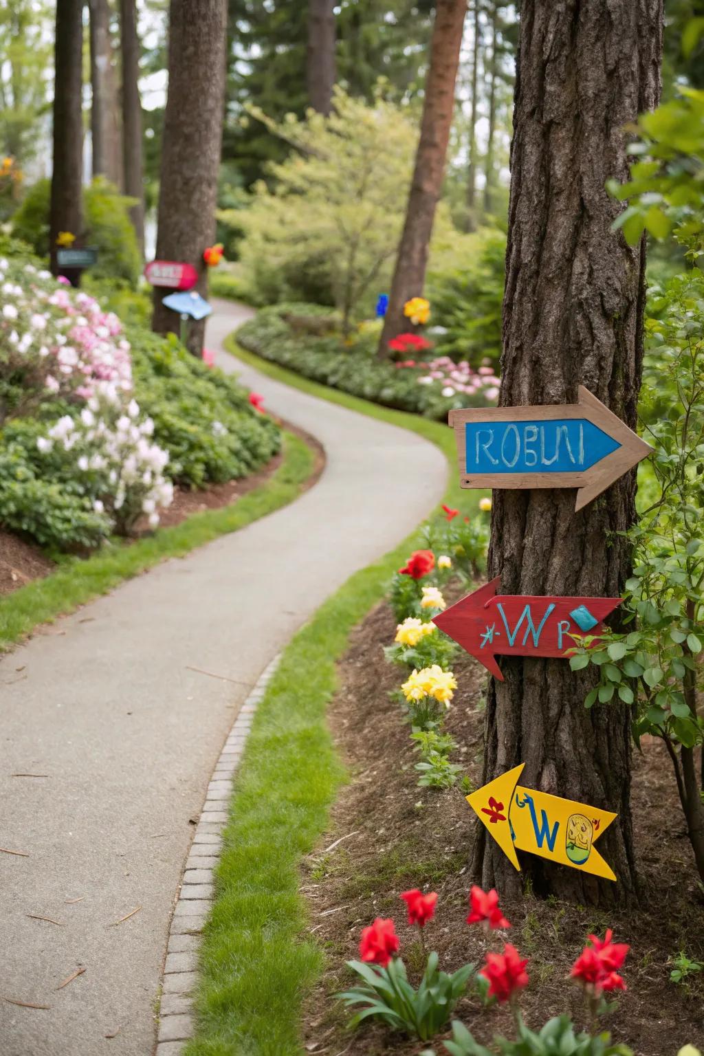 Decorative tree signs guide the way through this artistic garden.