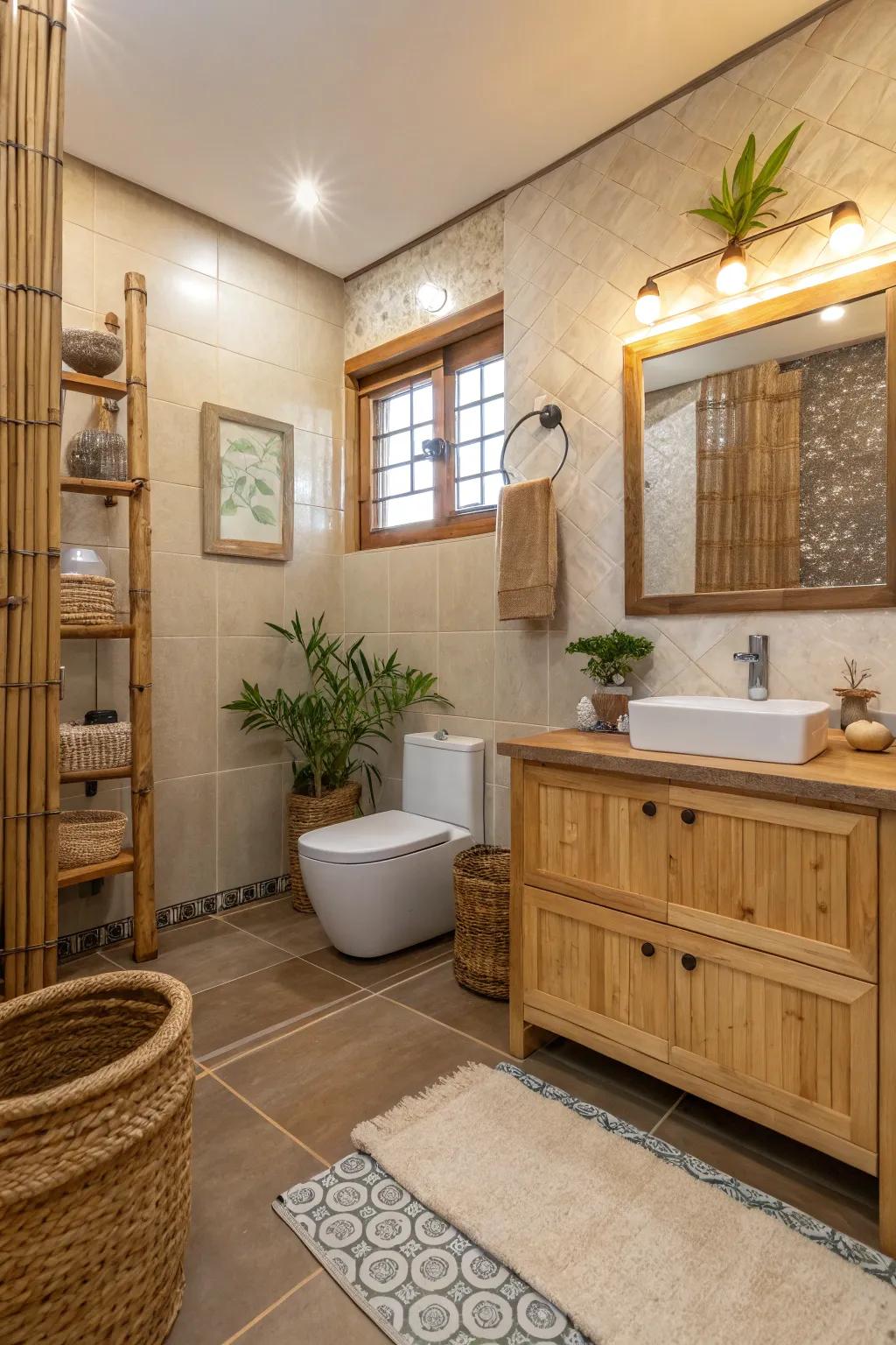 Eco-friendly bathroom with sustainable materials and natural elements.