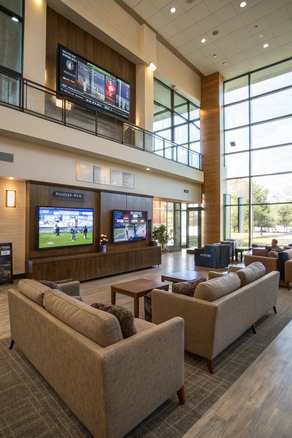 Open concept living with integrated multi-TV setup.