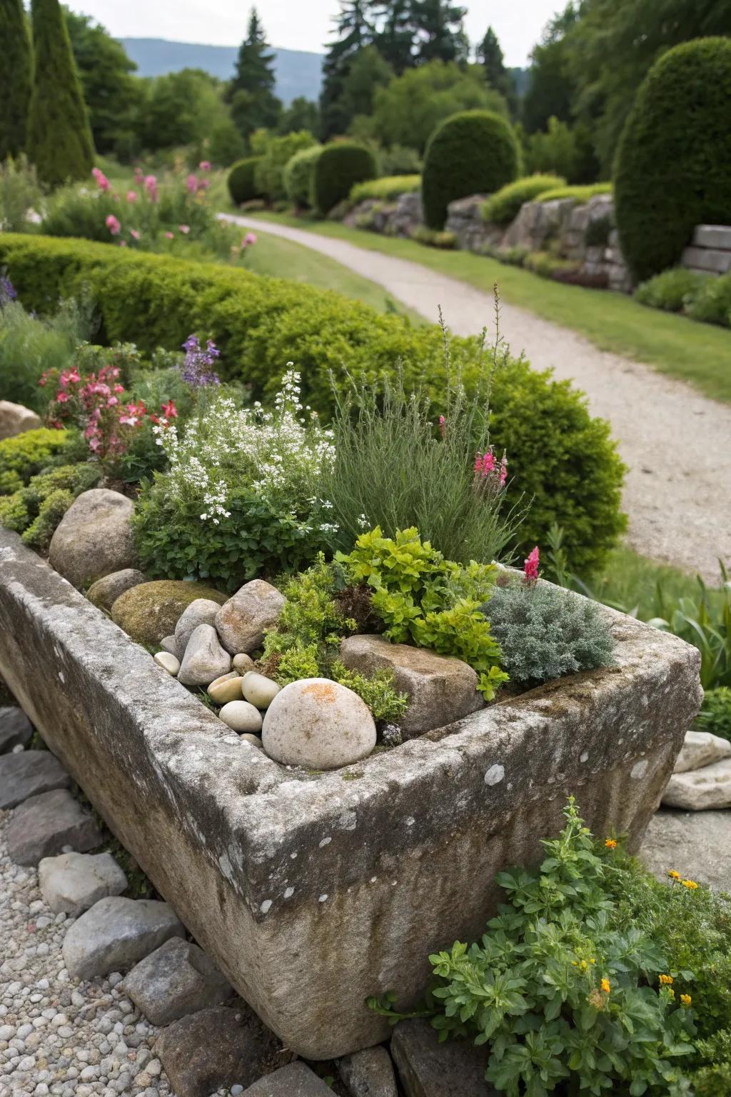 In a charming stone trough, there is a miniature alpine landscape.