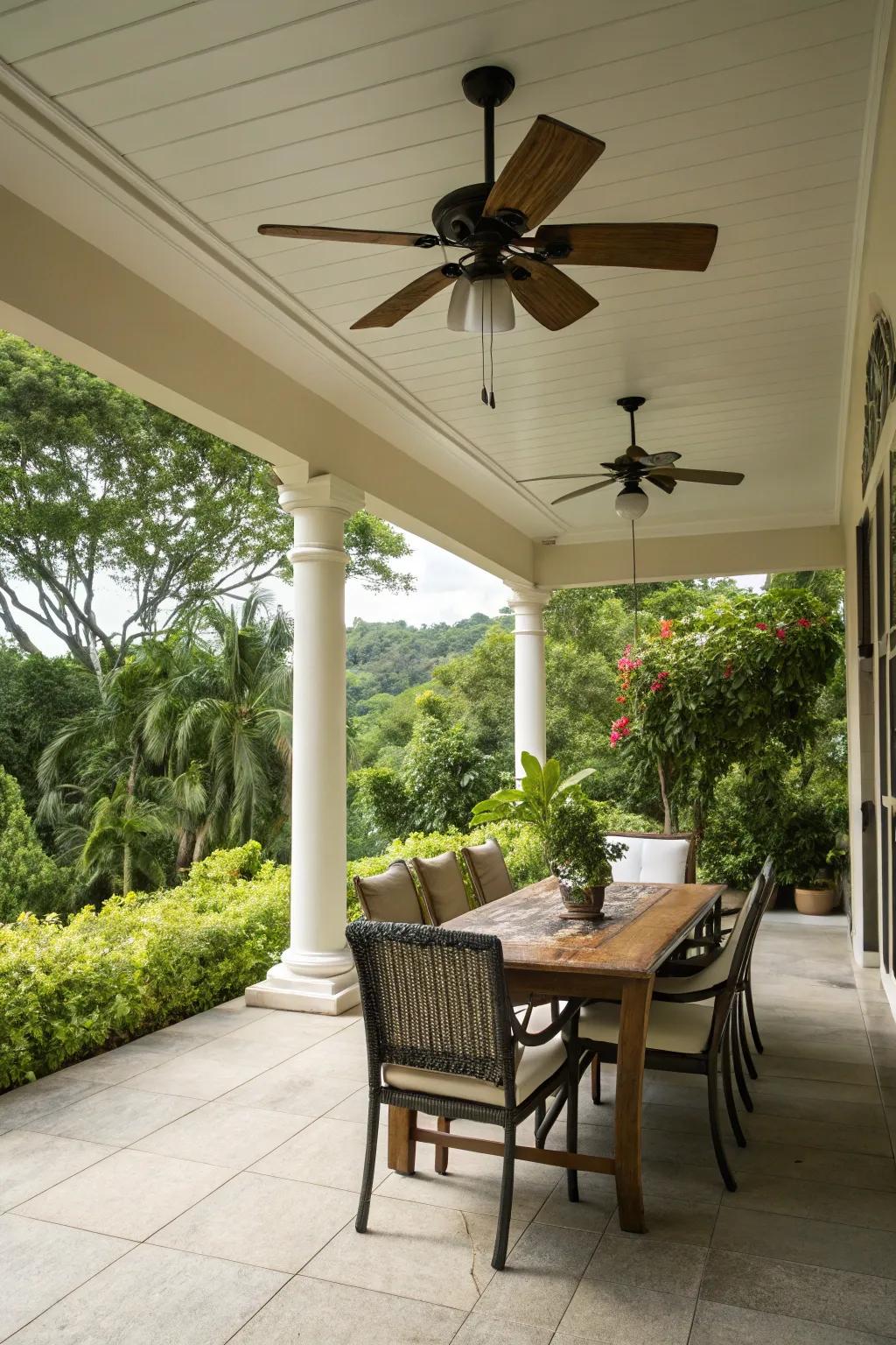 An overhead air mover ensures comfort on warm days.