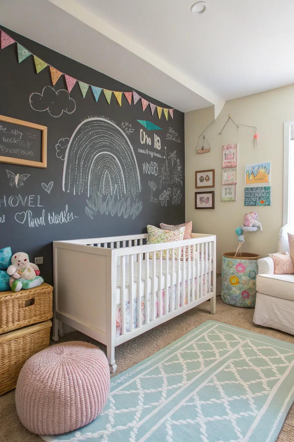 A chalkboard wall encourages creativity and learning.