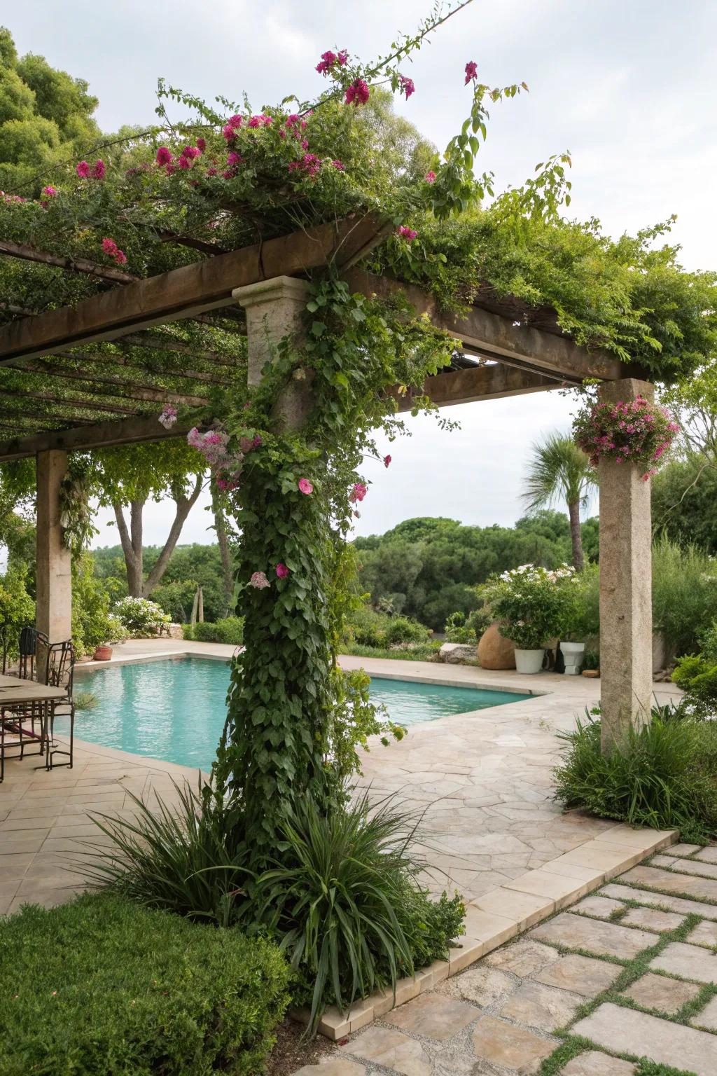 Greenery around a pergola uses a natural, serene hideaway.