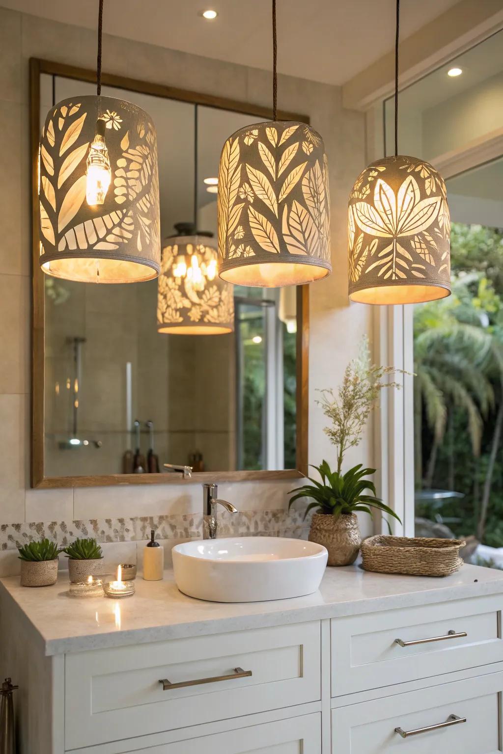 Nature-inspired fixtures bring organic warmth to the space.