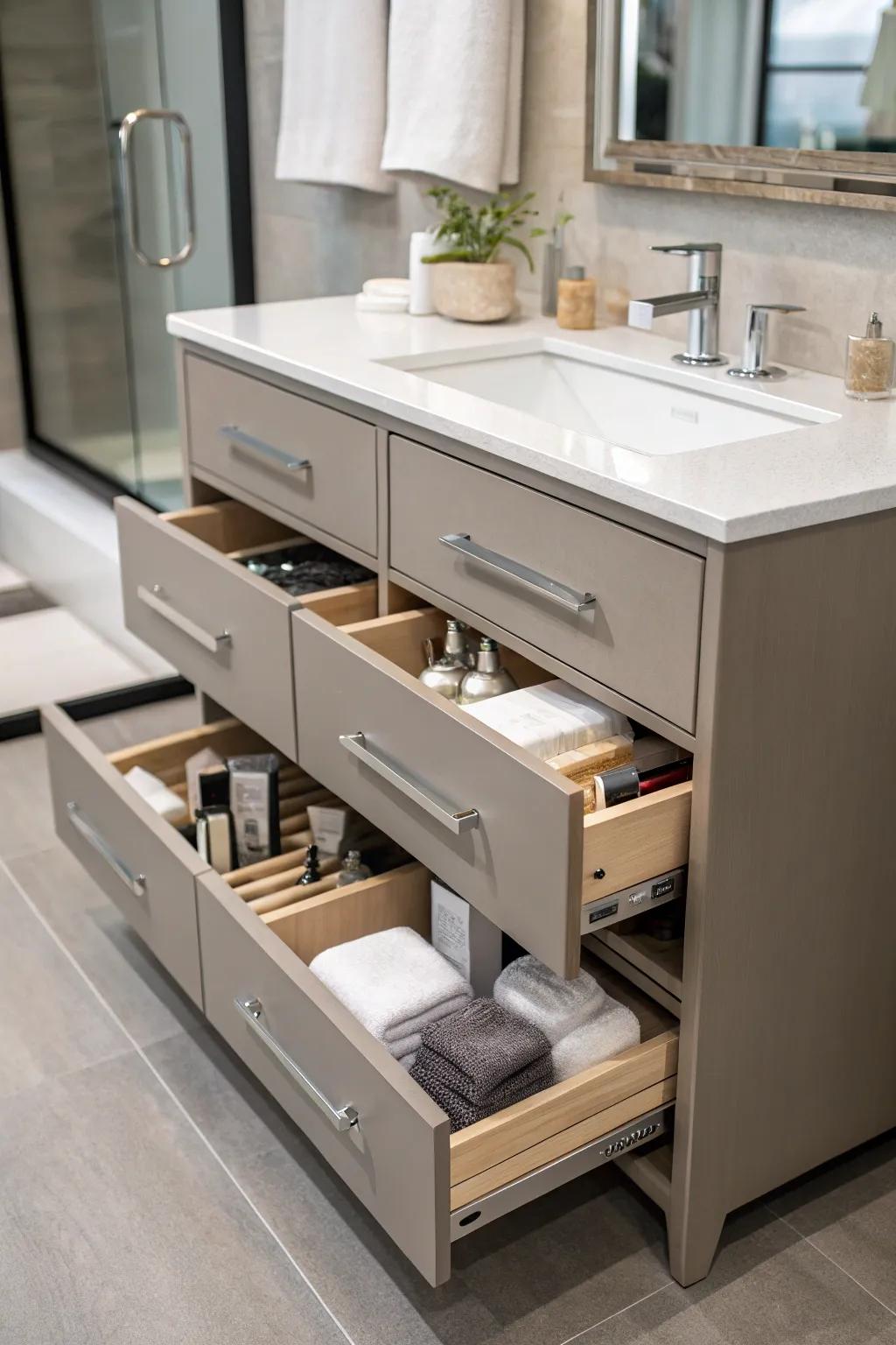Integrated storage for a chic, clutter-free bathroom.