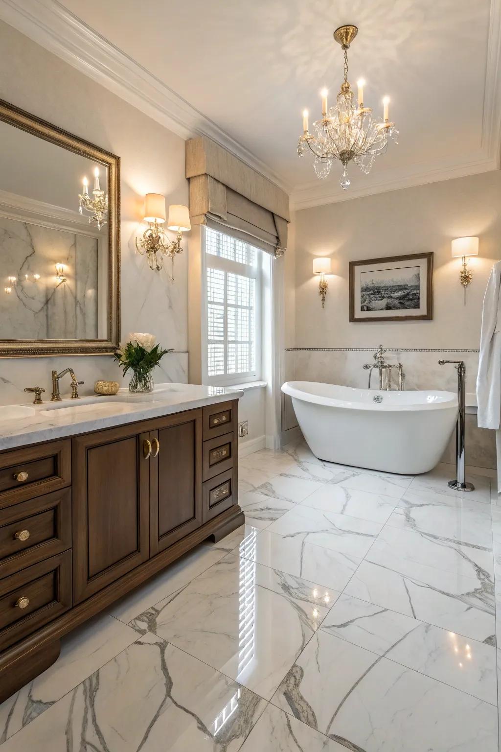 Marble-look durable flooring offers a hint of luxury to this elegant bathroom.