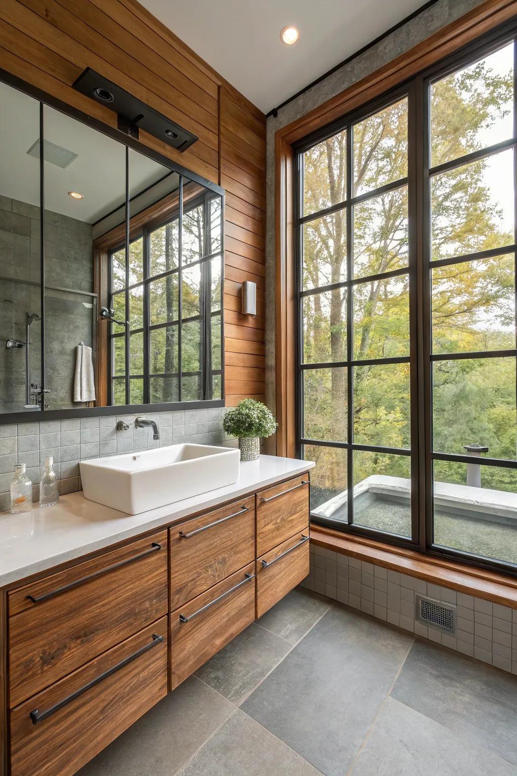 Mixed materials adding textural depth to the bathroom windows.
