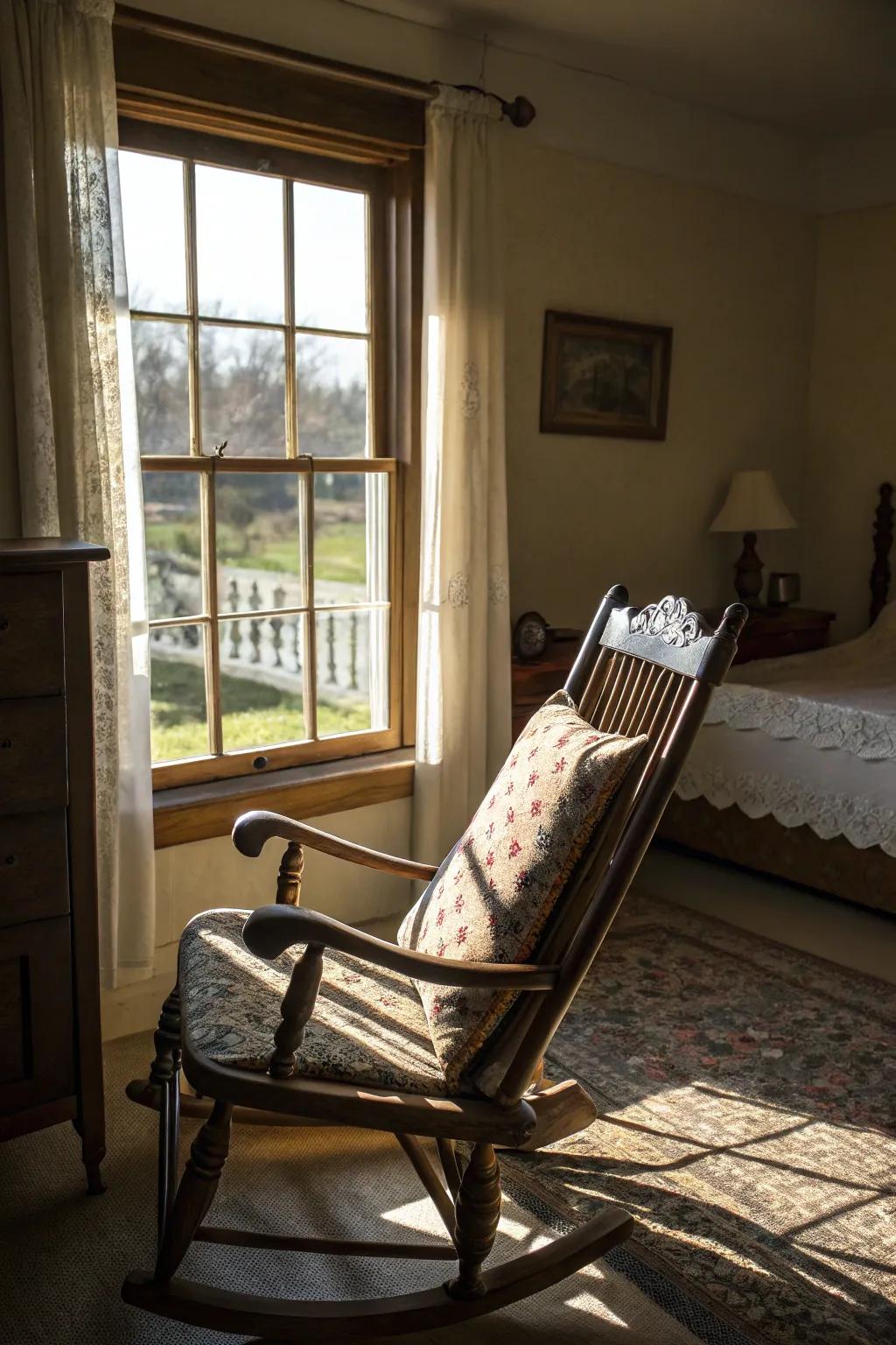 Rocking chairs infuse nostalgic charm and unparalleled comfort, perfect for quiet moments.