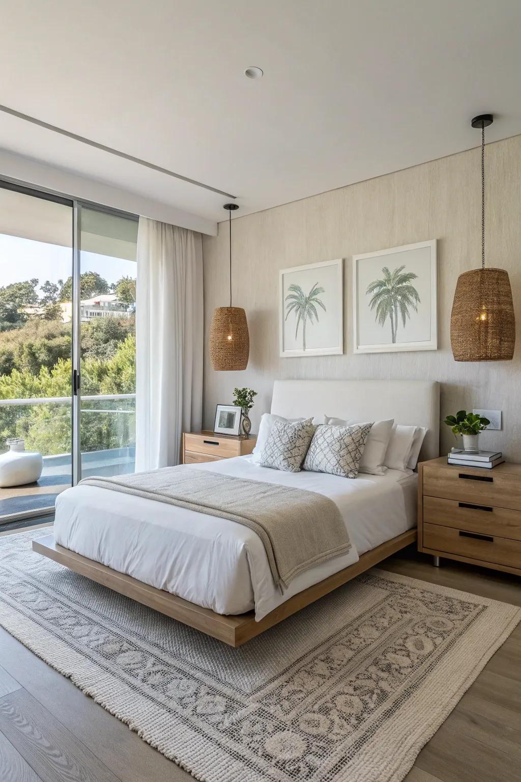 Floating nightstands offer a modern style.