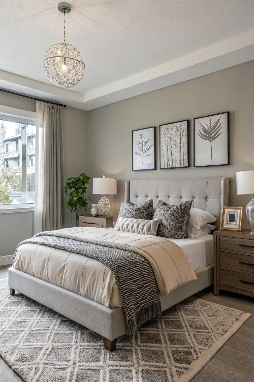 An elegant bedroom featuring greige walls that provide a sophisticated and neutral backdrop.