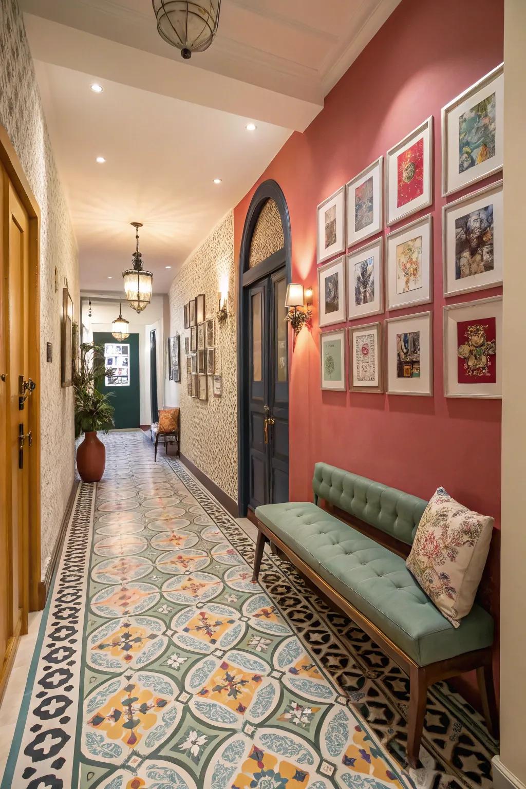 Expressive patterned tiles in a vibrant hallway
