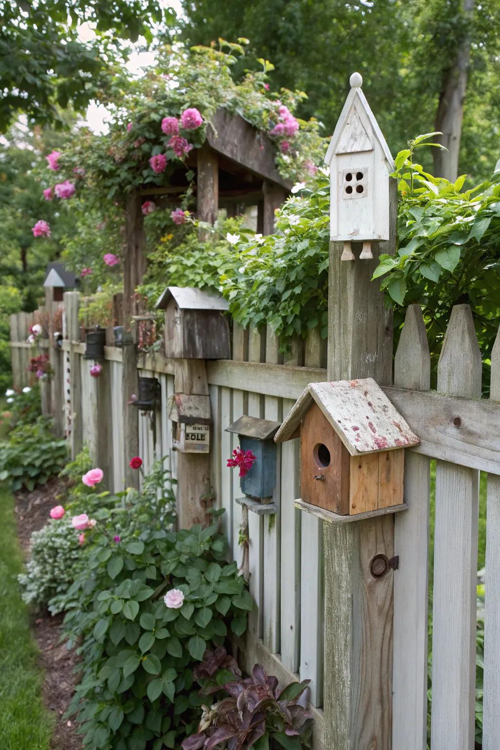 An eclectic mix of birdhouses creates a quirky and inviting garden fence.