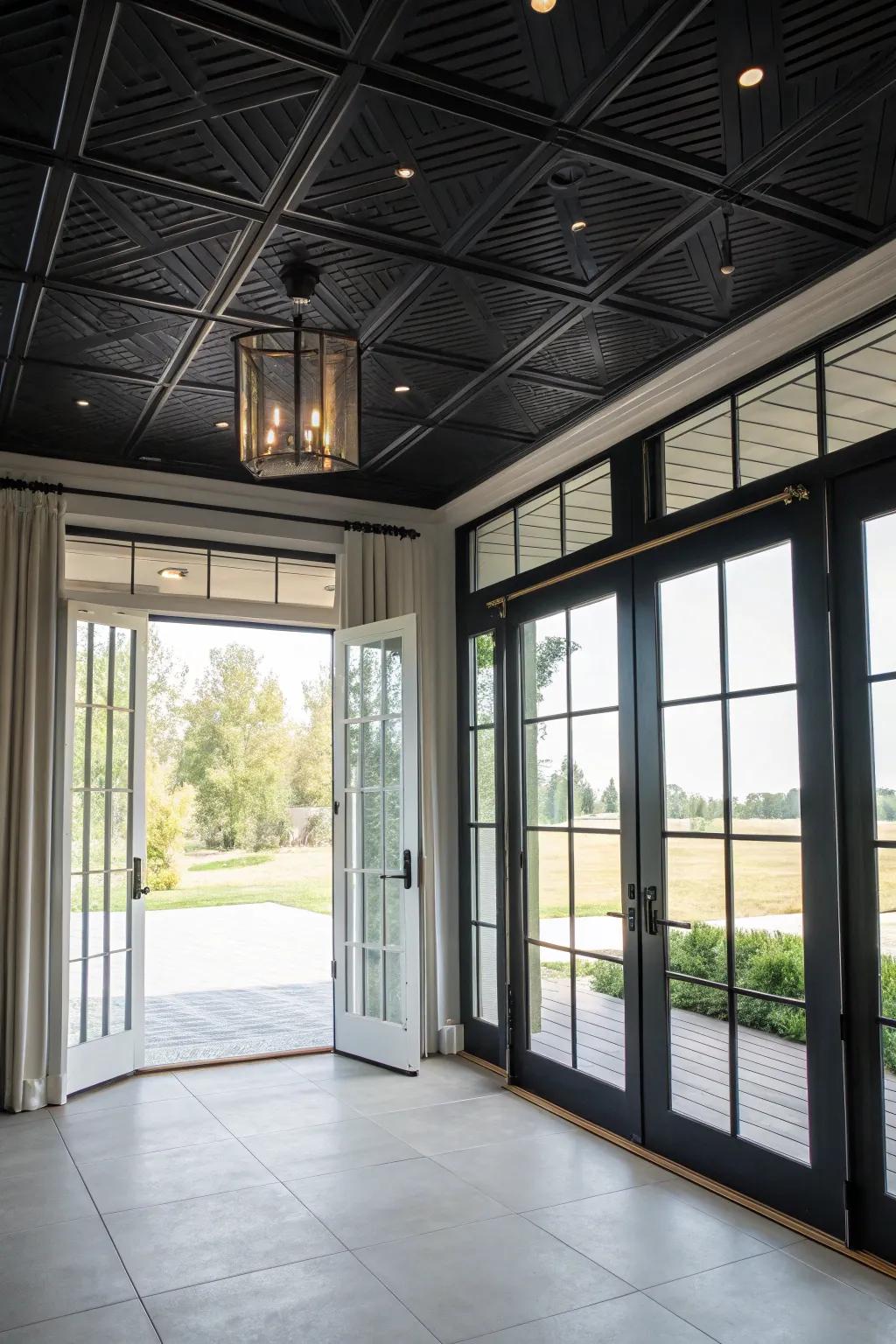 A bright room where natural light complements a black ceiling.