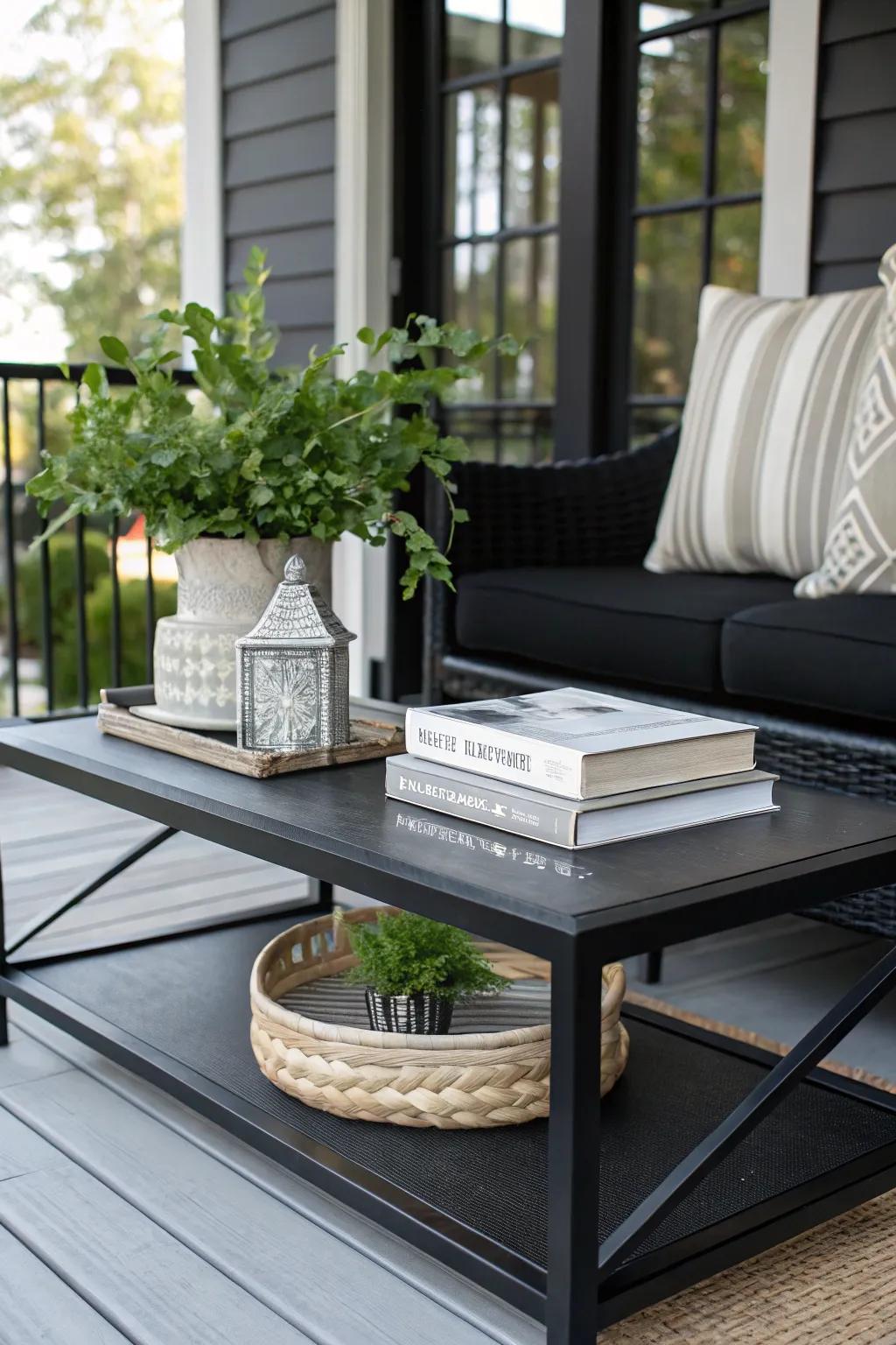 A chic coffee table on a dark porch, adorned with books and a plant.