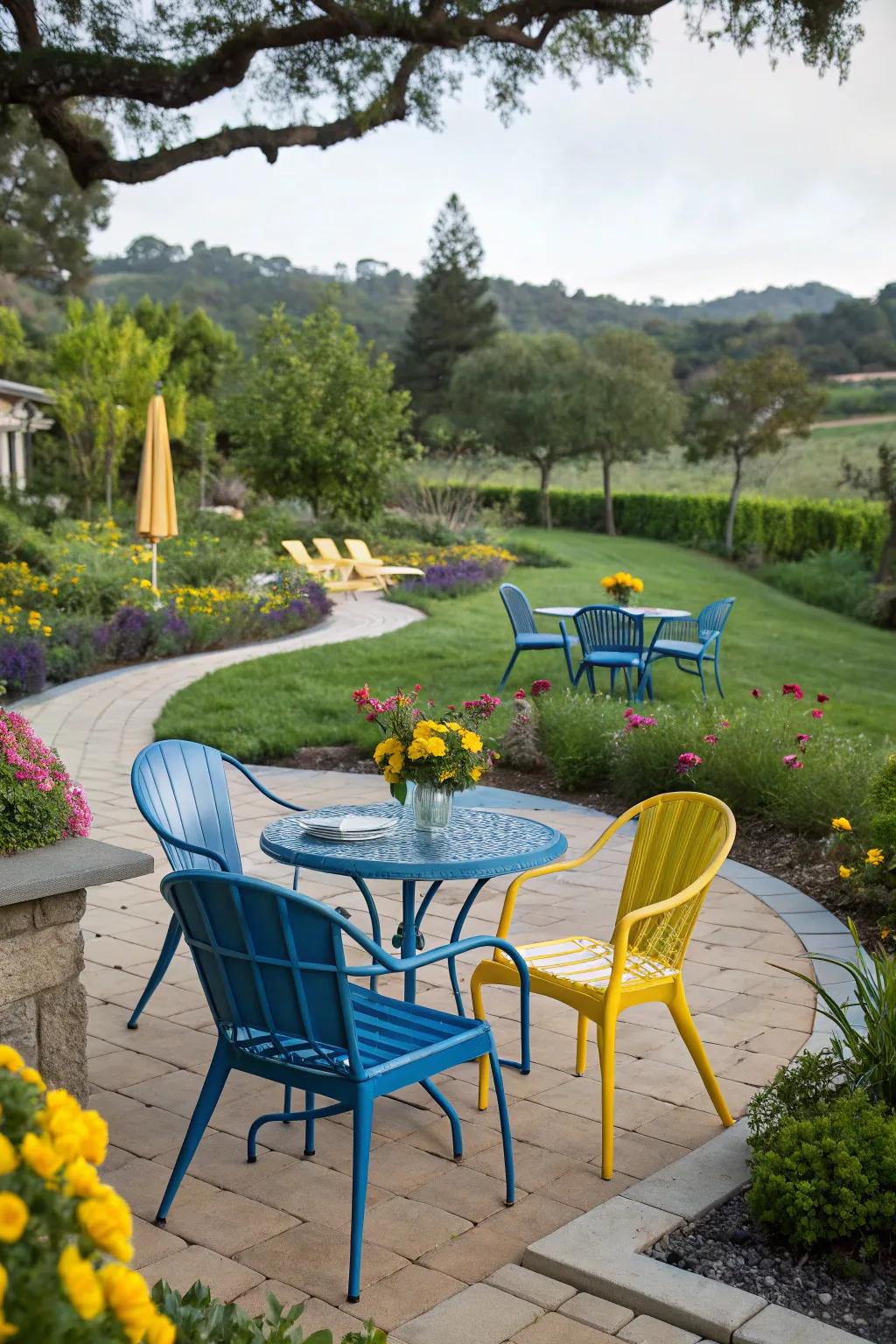 An exterior patio styled with azure and amber furnishings, conjuring an energetic sanctuary.