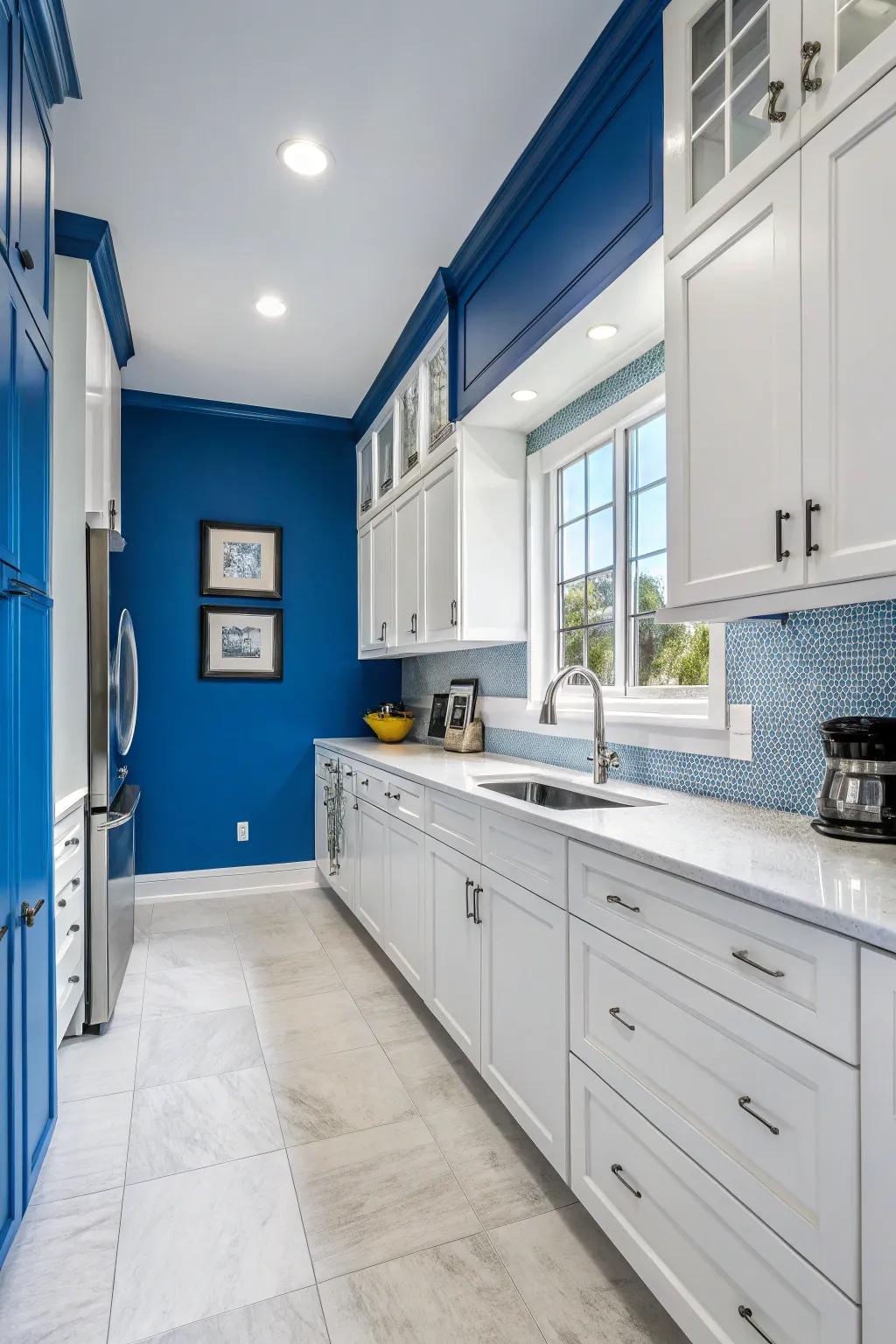 Bold blue walls create a dramatic kitchen backdrop.