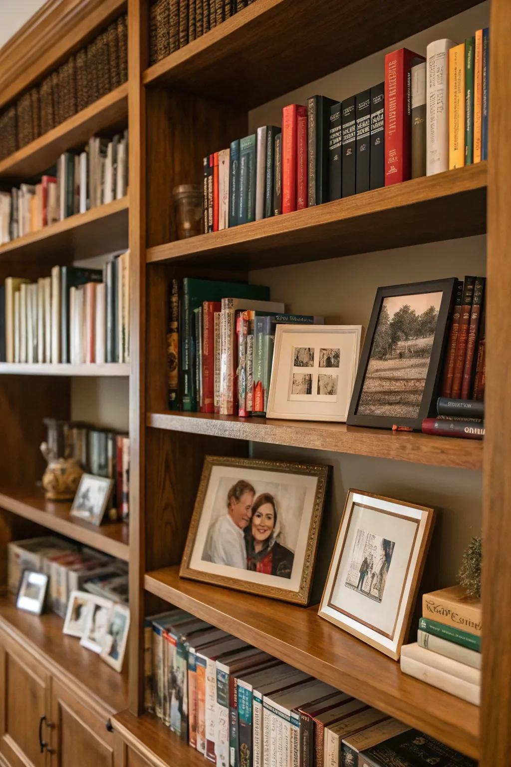 Customized shelves uniting literature with cherished pieces.