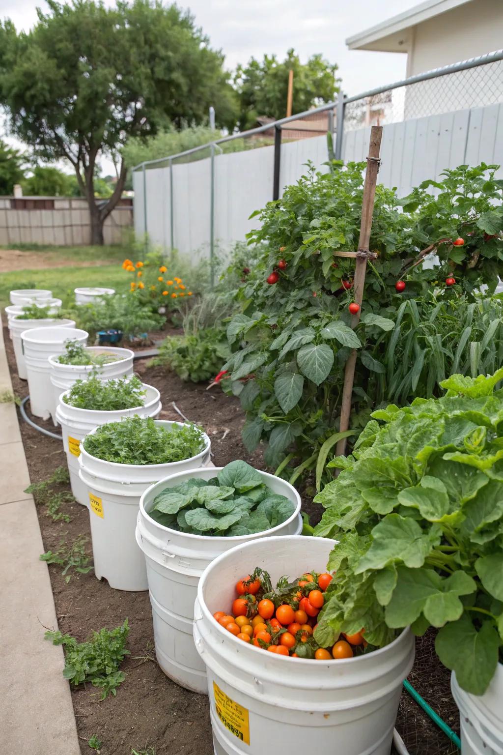 A variety of vegetables flourishing in 5-gallon buckets.