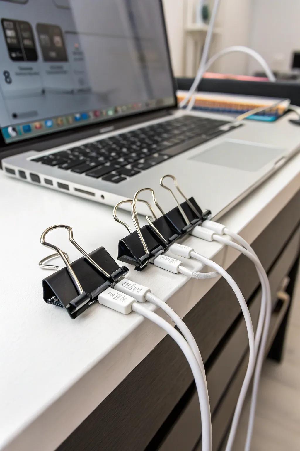 Metal clips keep cables arranged on a desk.