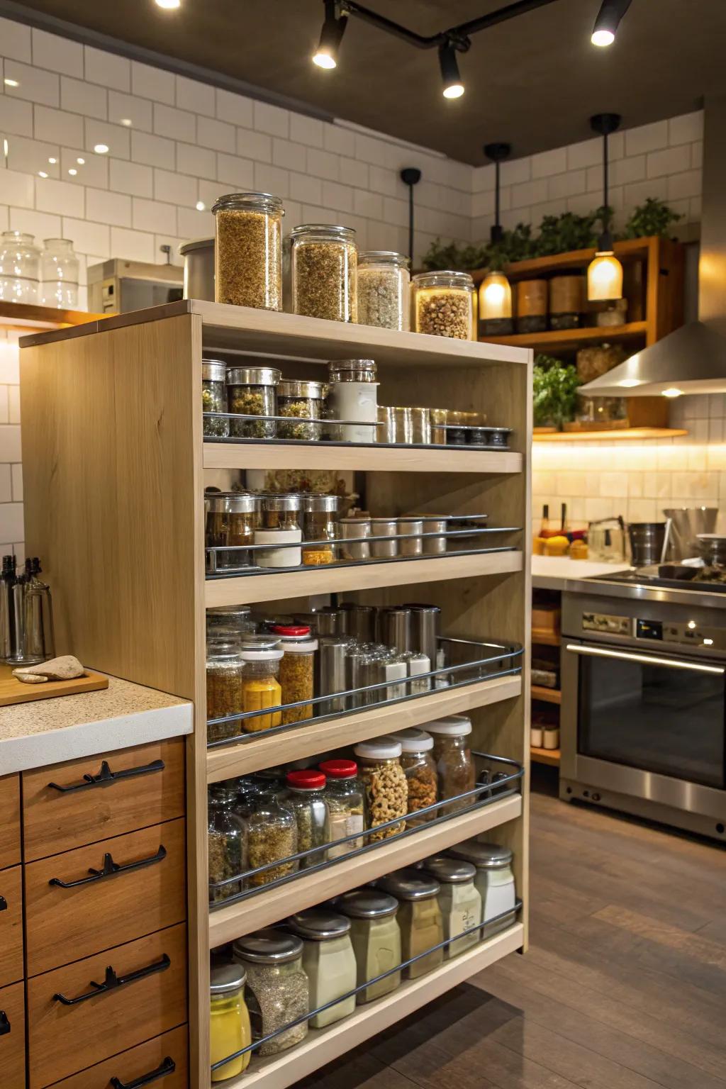 Smart storage solutions in a cafe kitchen for a clutter-free environment.