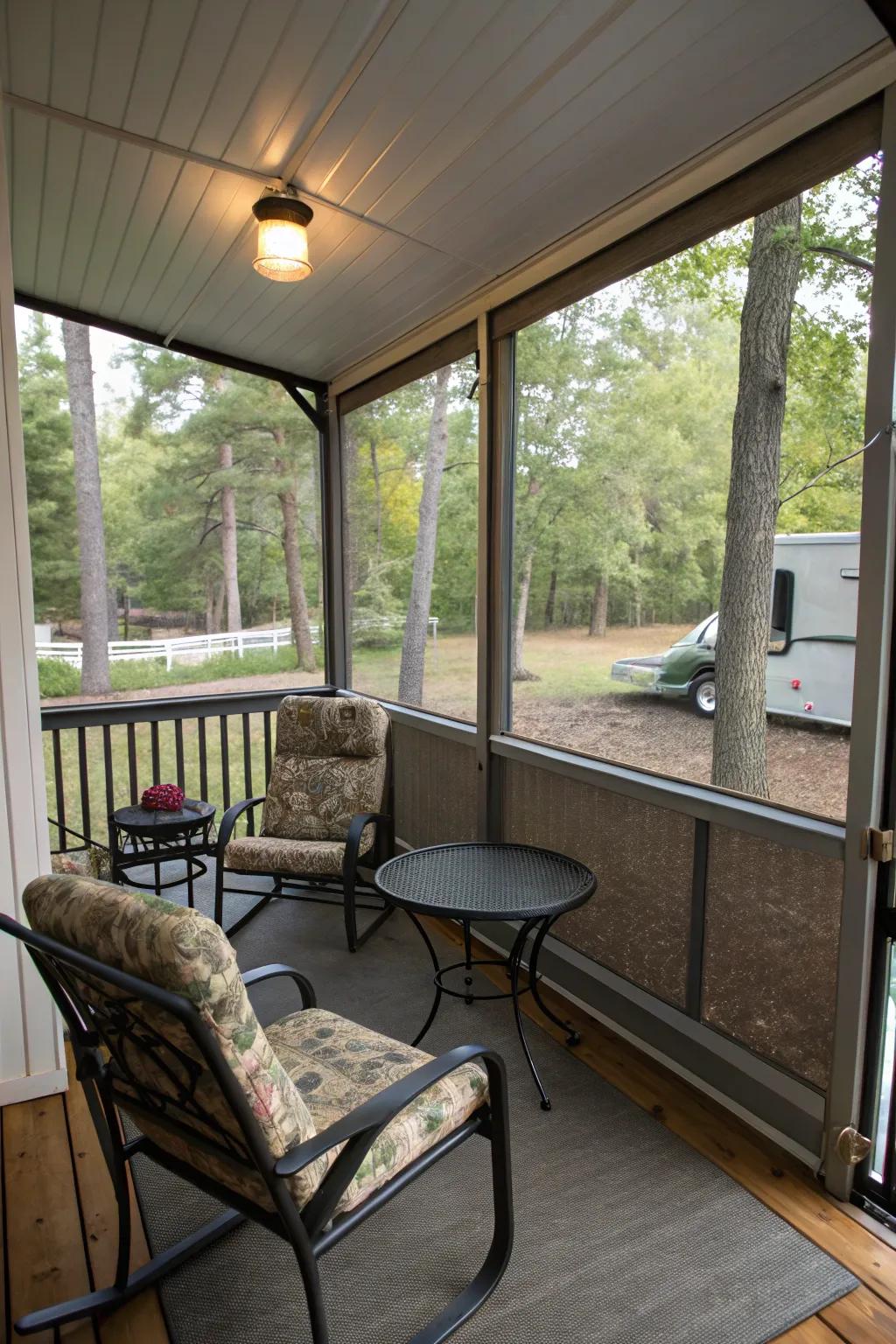 An enclosed porch area for bug-free outdoor enjoyment.