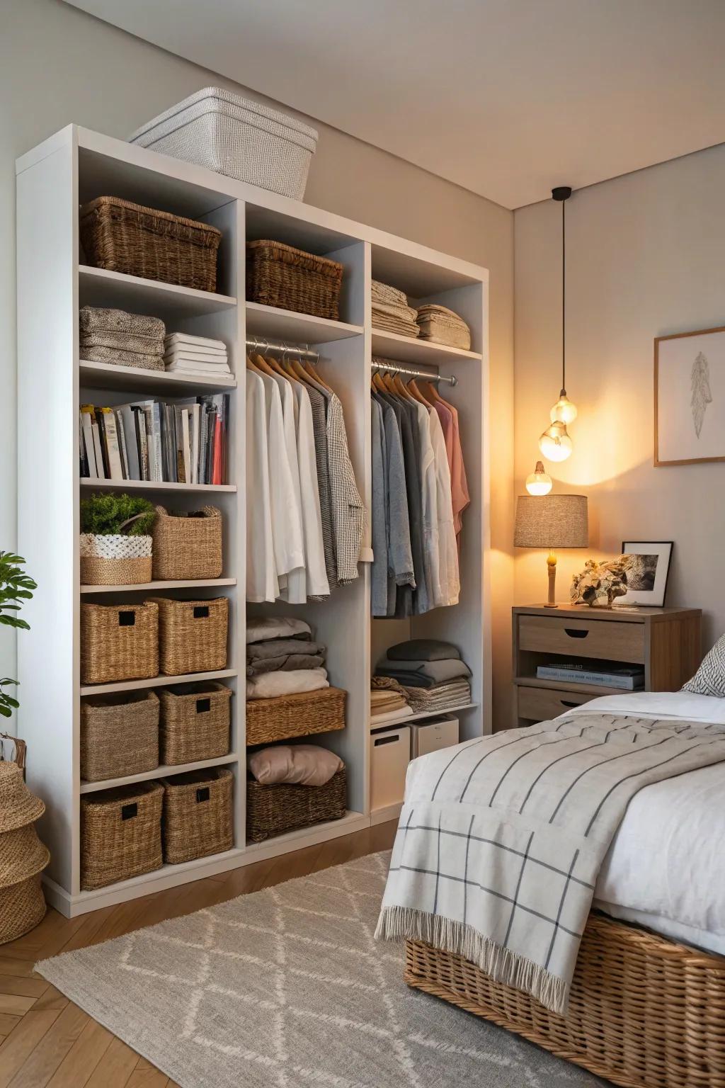 Stylish storage keeps the space organized.