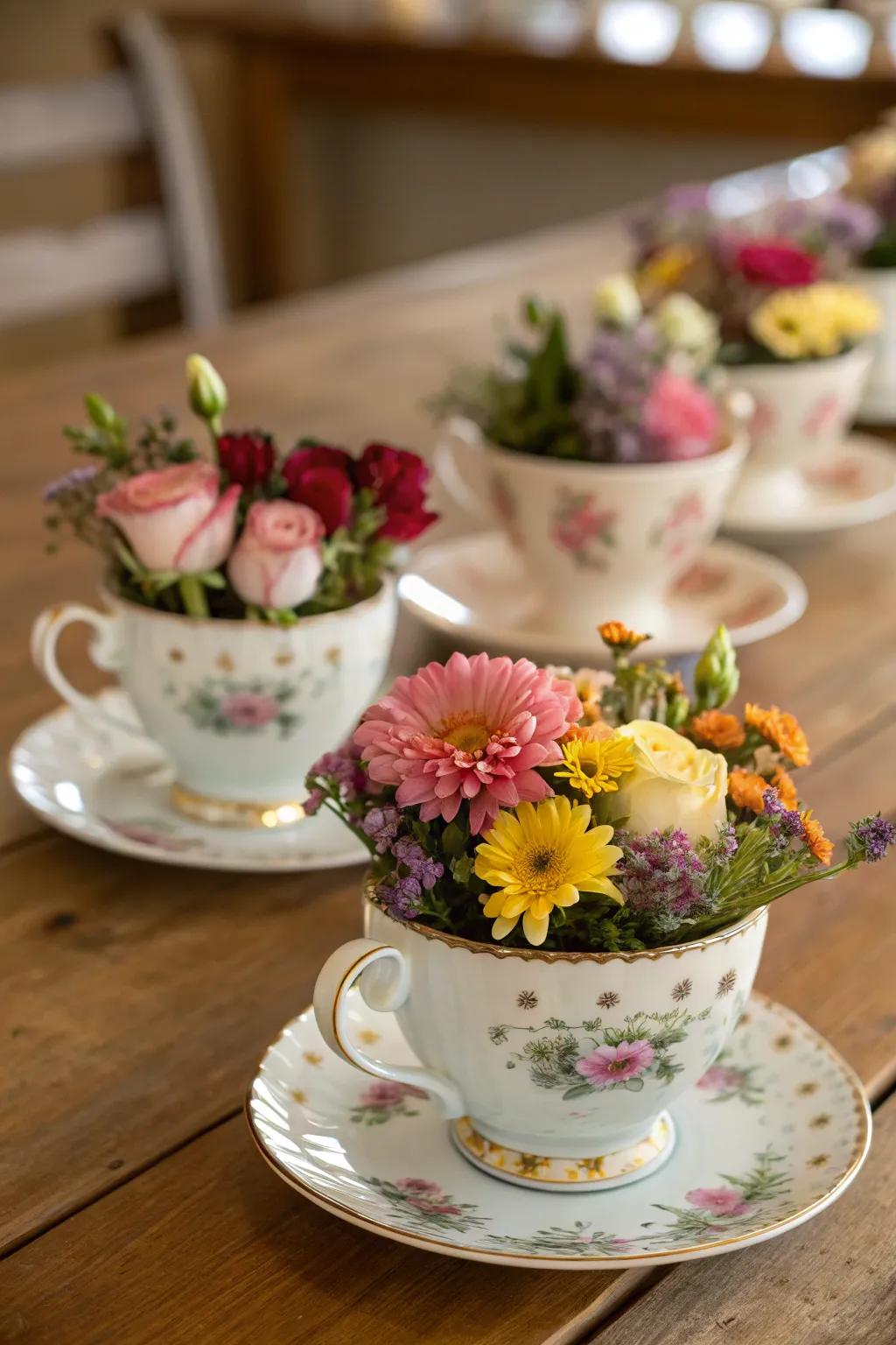 Vintage tea cups filled with delicate flowers.