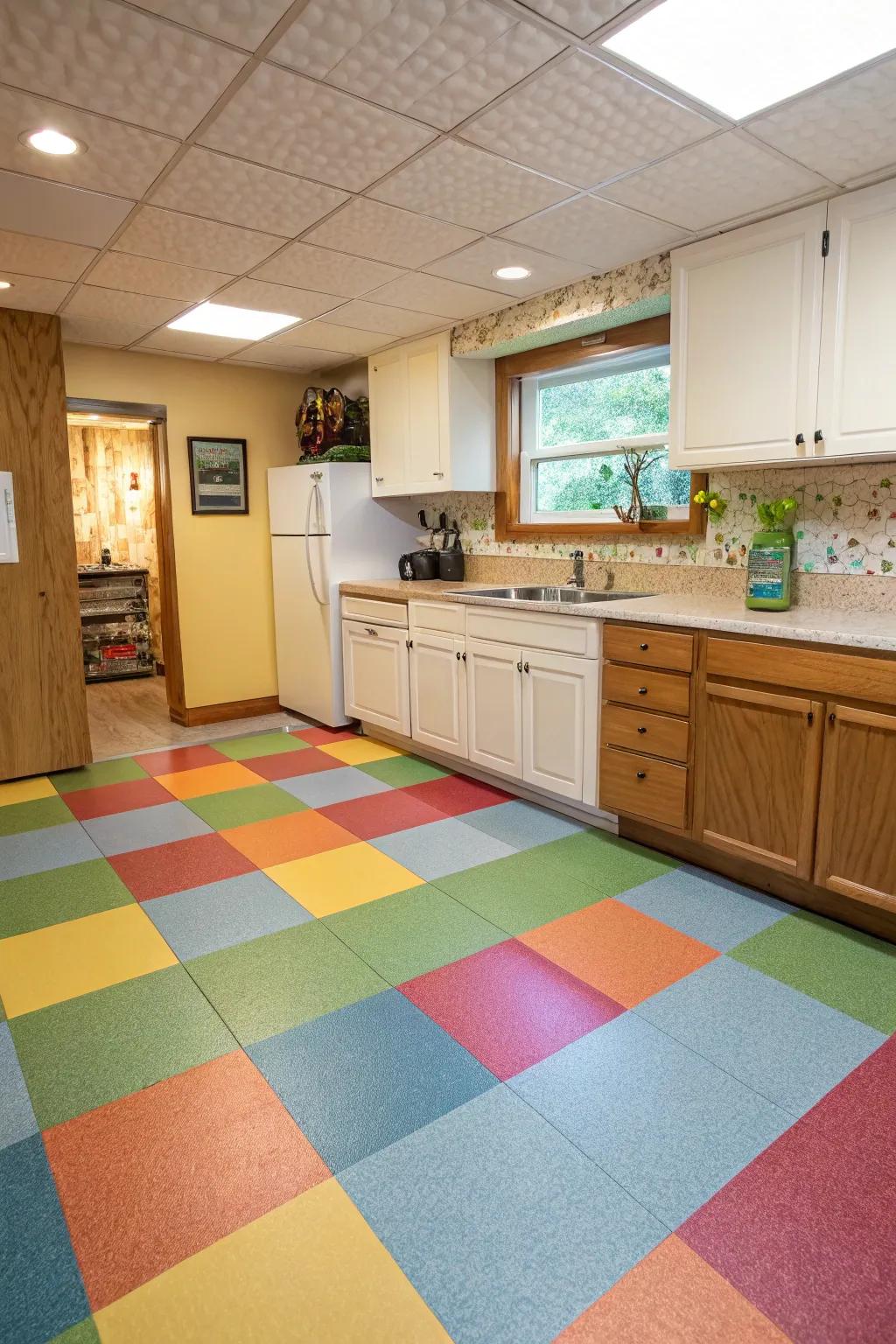 Rolled synthetic provides a lively and moisture-resistant choice for basement cooking areas.