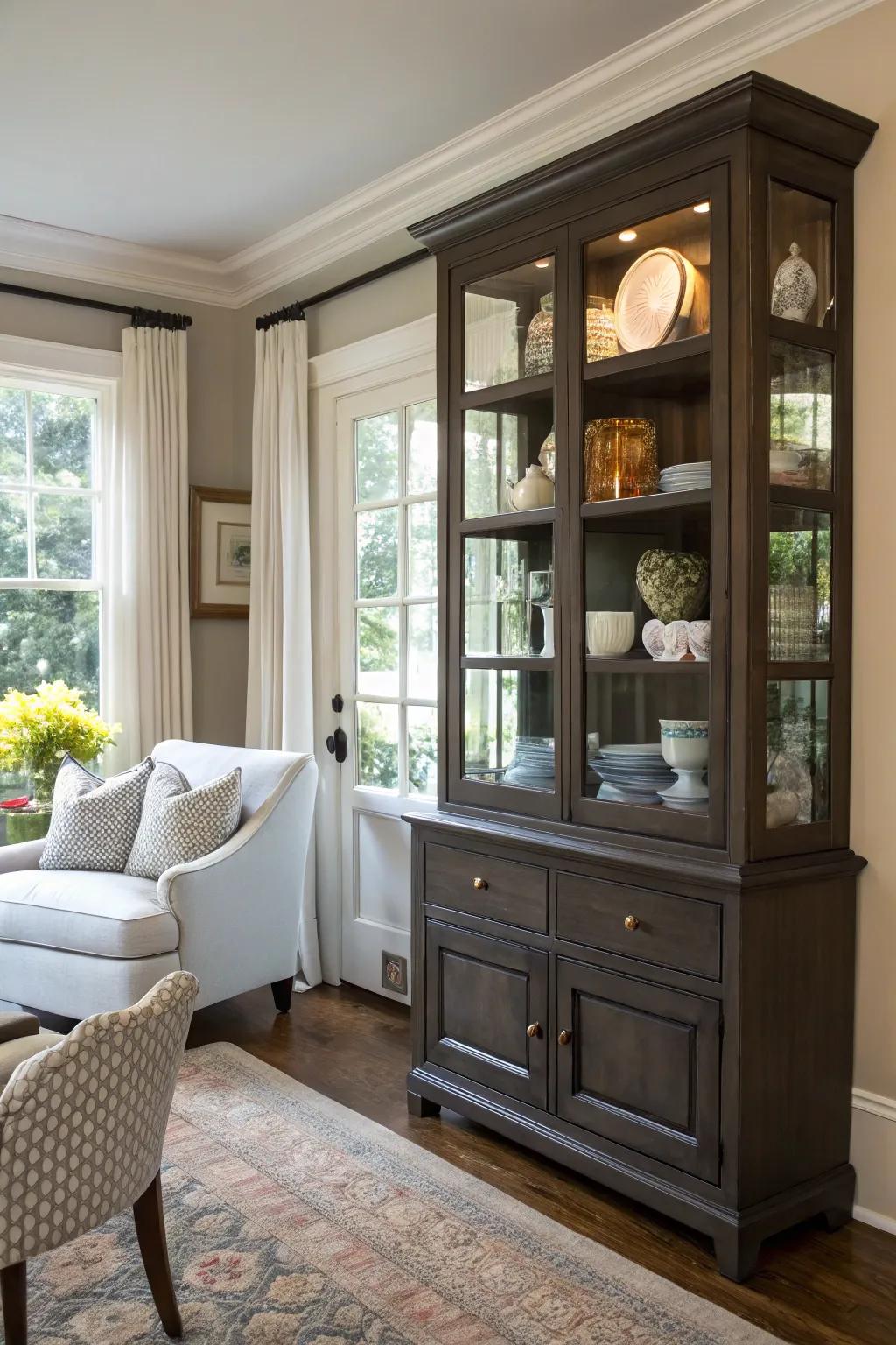 A strategically placed display case to optimize room utility.