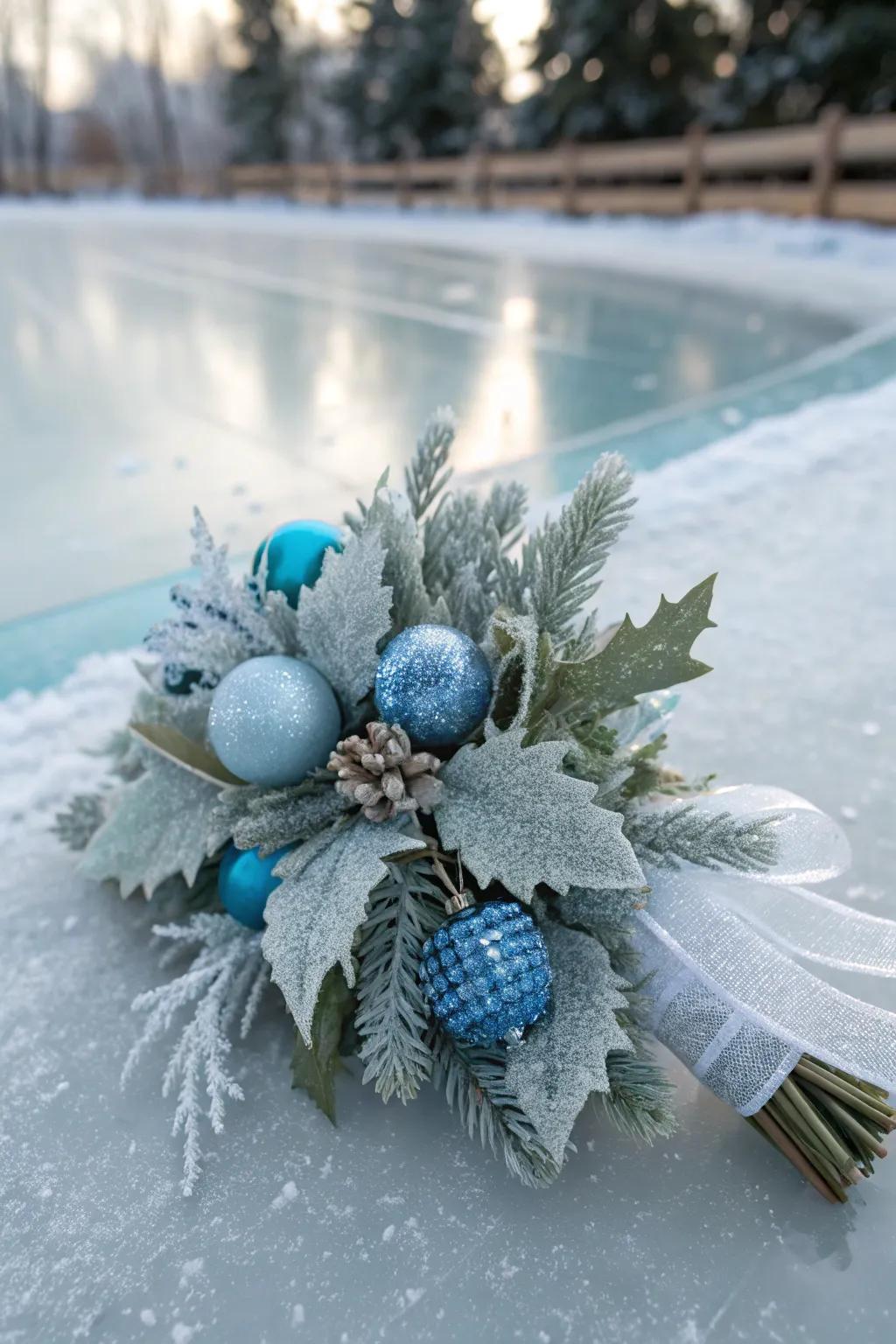 A sophisticated Christmas corsage with frosted leaves.